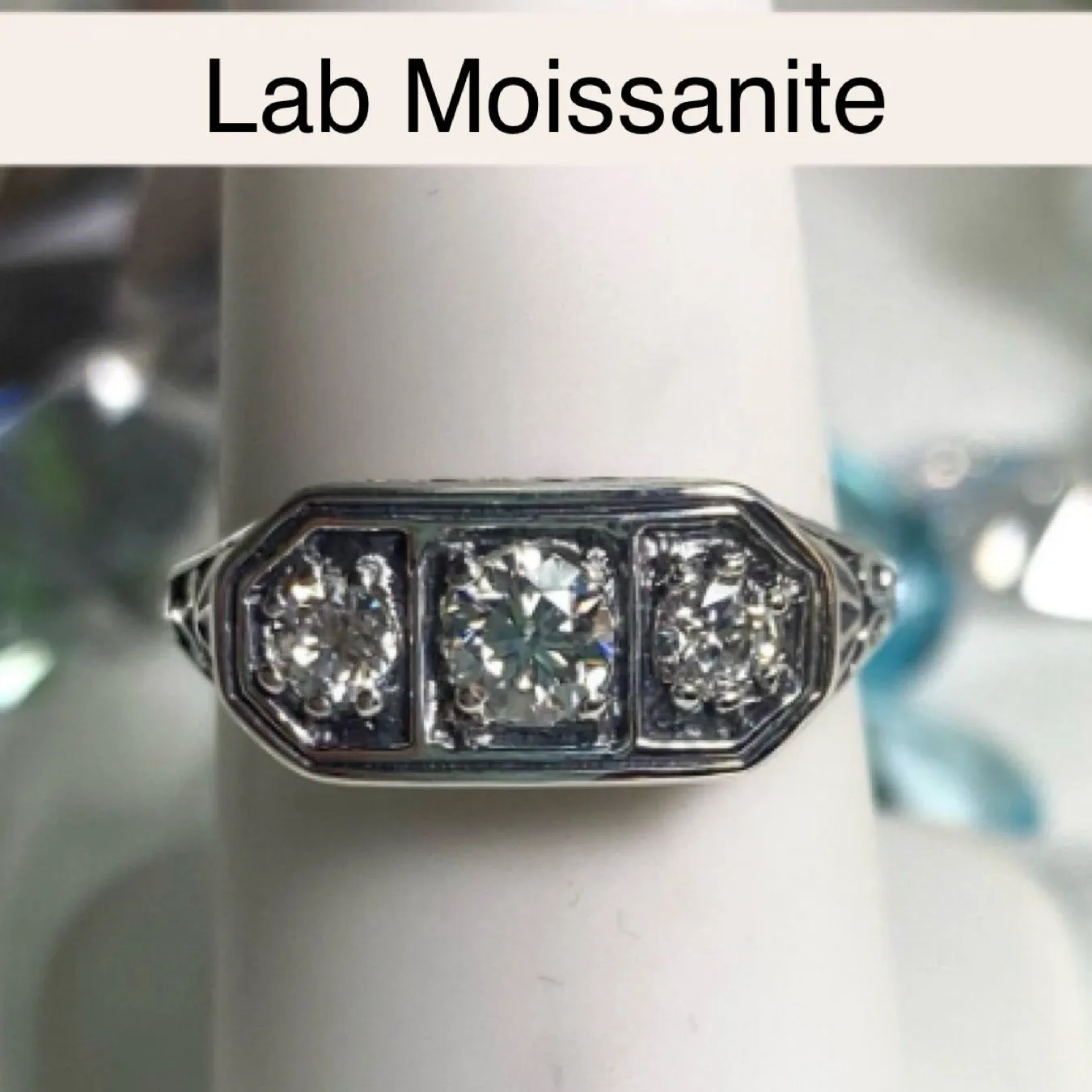 Lily Ring, White CZ, Natural White Topaz, or Moissanite, Sterling Silver Lily Leaf Filigree, Edwardian Jewelry #D197