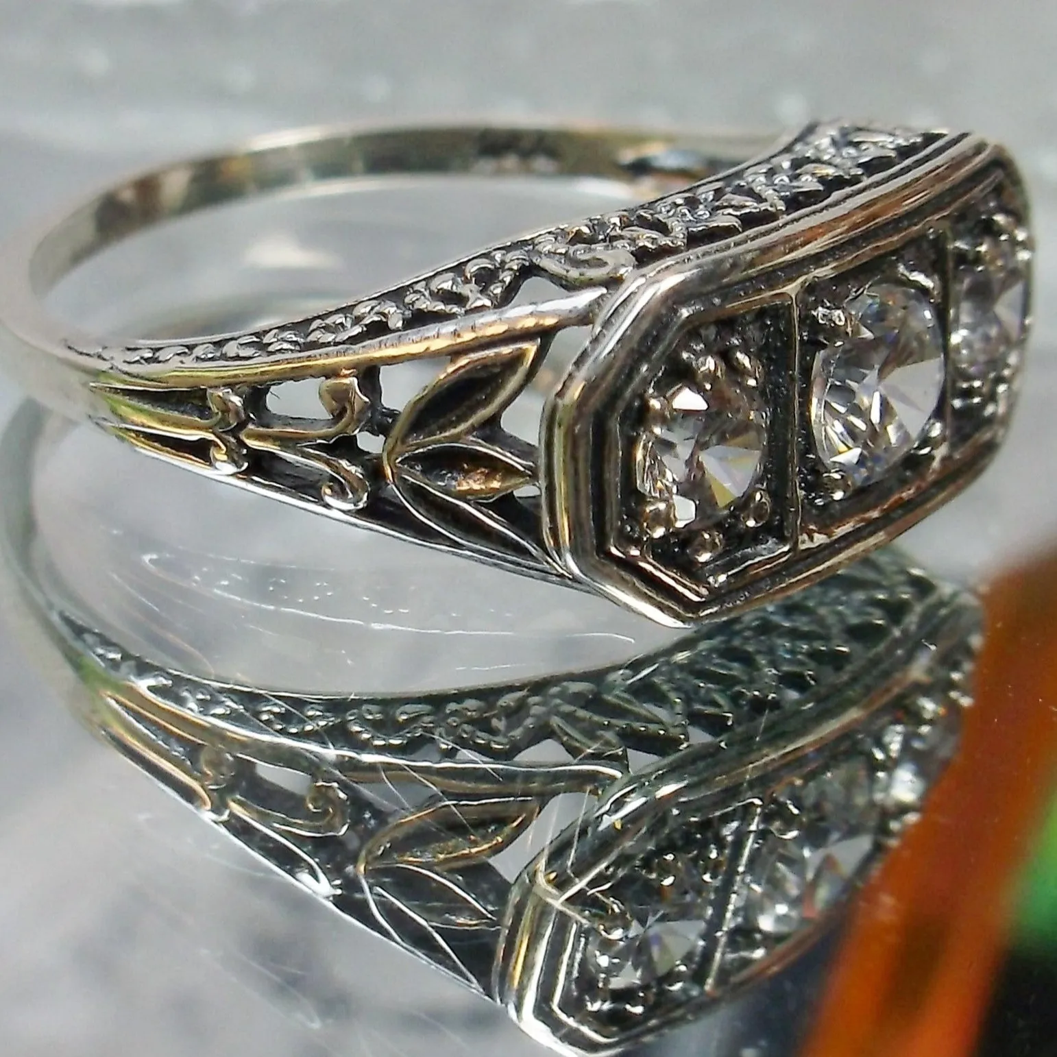 Lily Ring, White CZ, Natural White Topaz, or Moissanite, Sterling Silver Lily Leaf Filigree, Edwardian Jewelry #D197