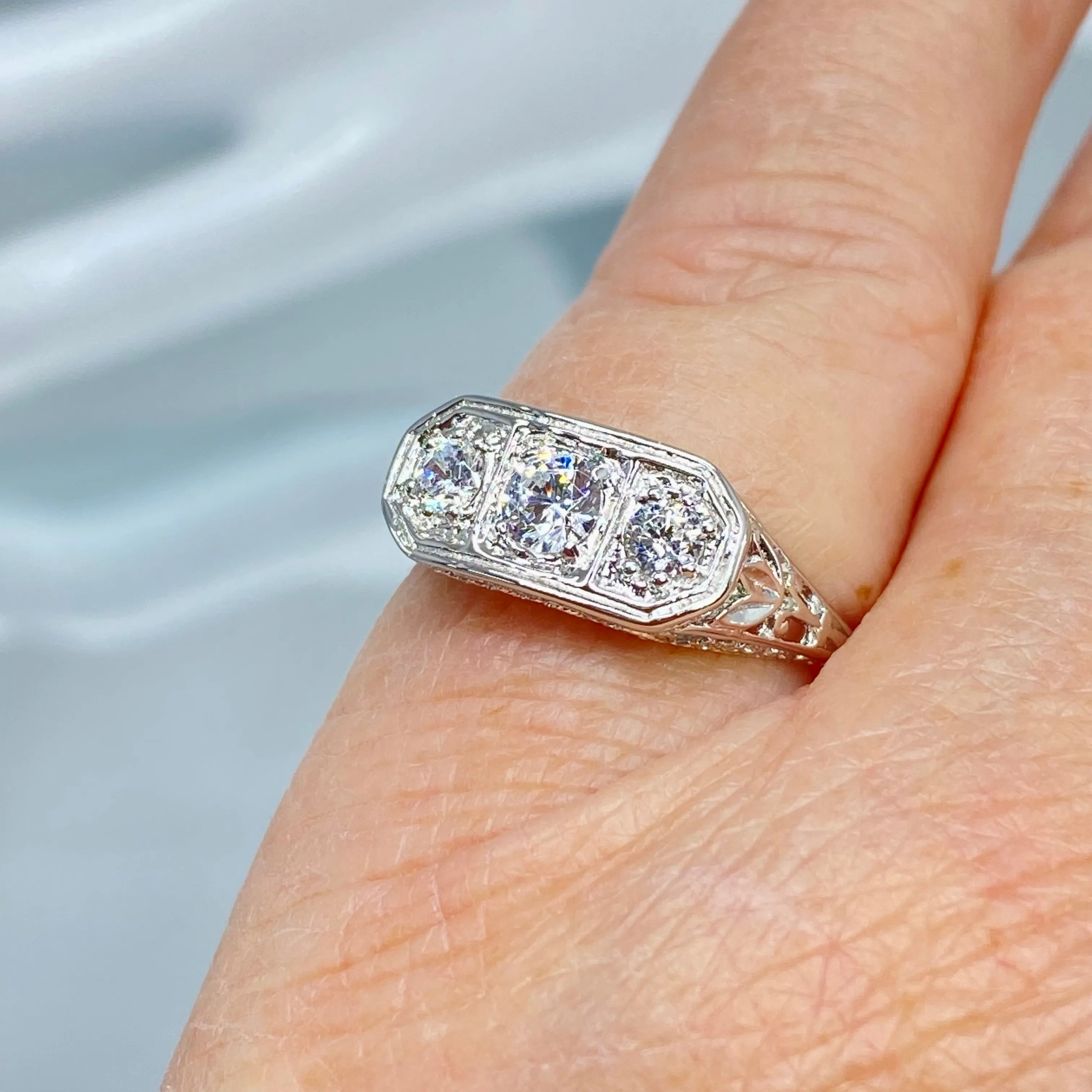 Lily Ring, White CZ, Natural White Topaz, or Moissanite, Sterling Silver Lily Leaf Filigree, Edwardian Jewelry #D197