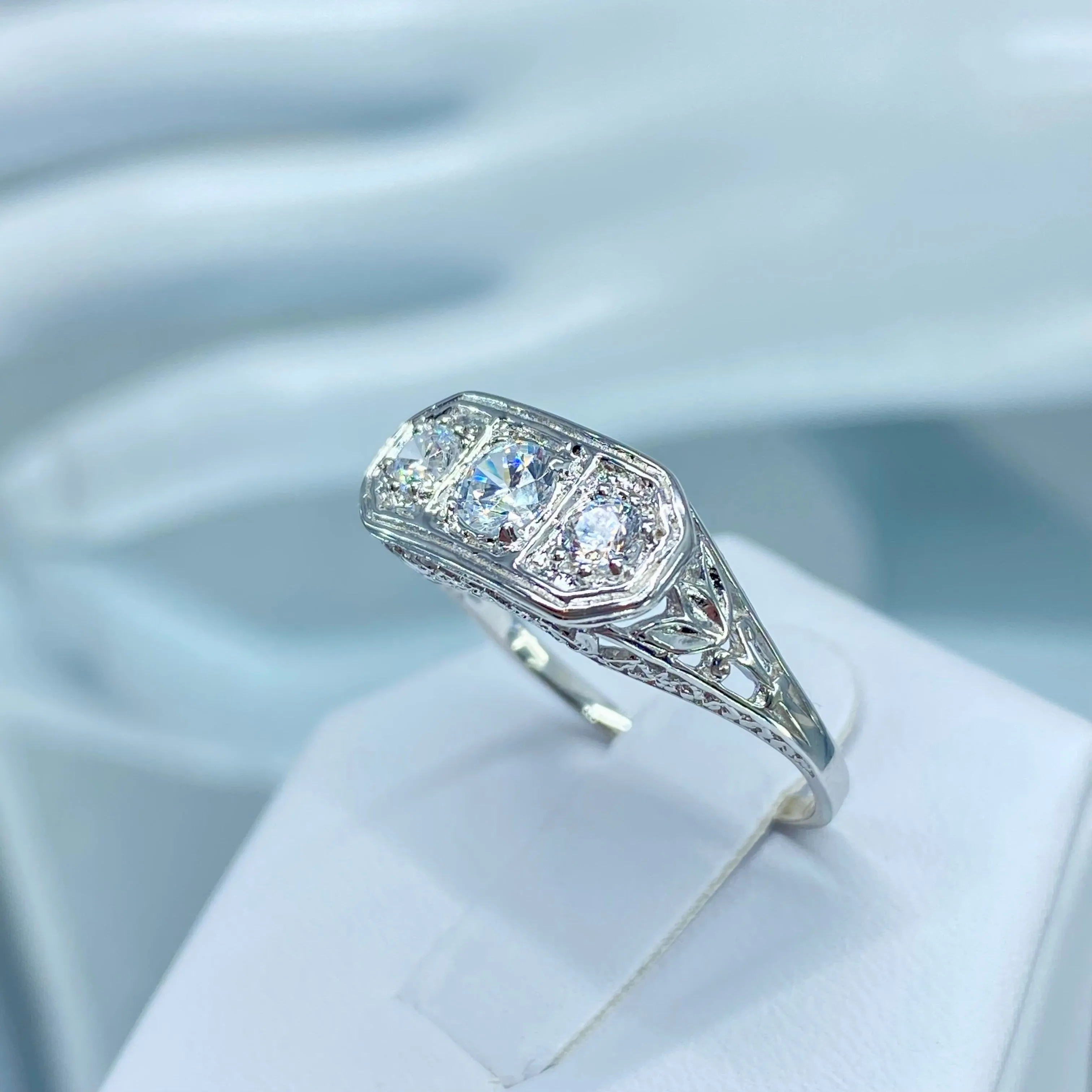 Lily Ring, White CZ, Natural White Topaz, or Moissanite, Sterling Silver Lily Leaf Filigree, Edwardian Jewelry #D197