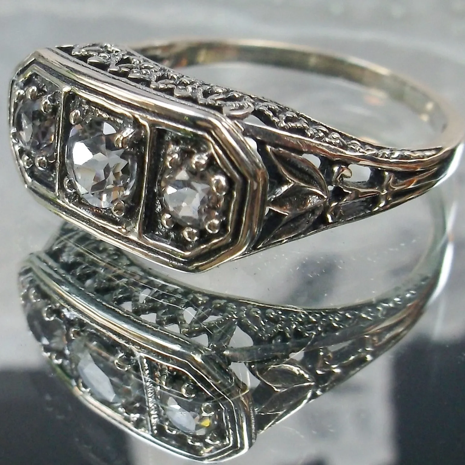 Lily Ring, White CZ, Natural White Topaz, or Moissanite, Sterling Silver Lily Leaf Filigree, Edwardian Jewelry #D197