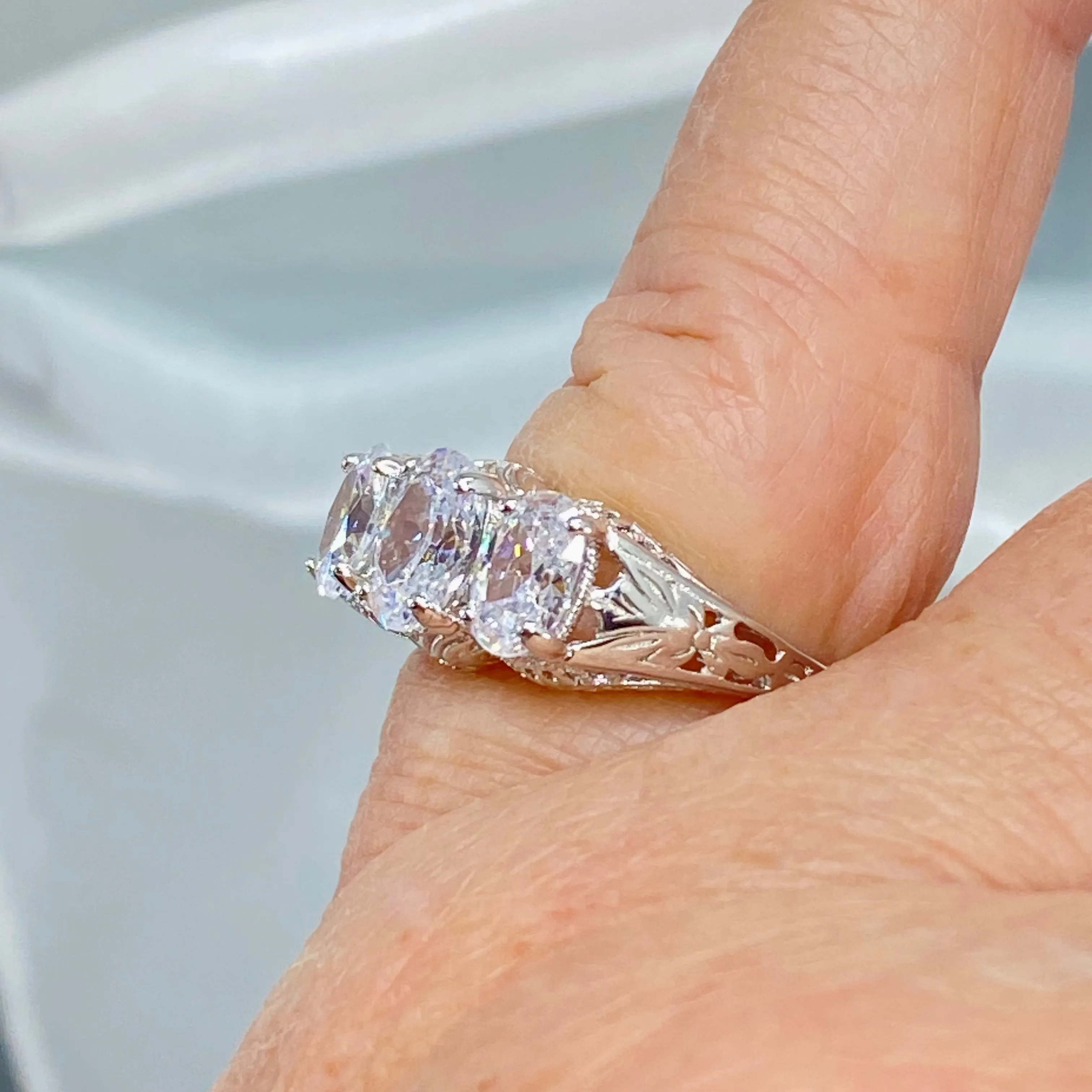 Lily Ring, White CZ, Natural White Topaz, or Moissanite, Sterling Silver Lily Leaf Filigree, Edwardian Jewelry #D197