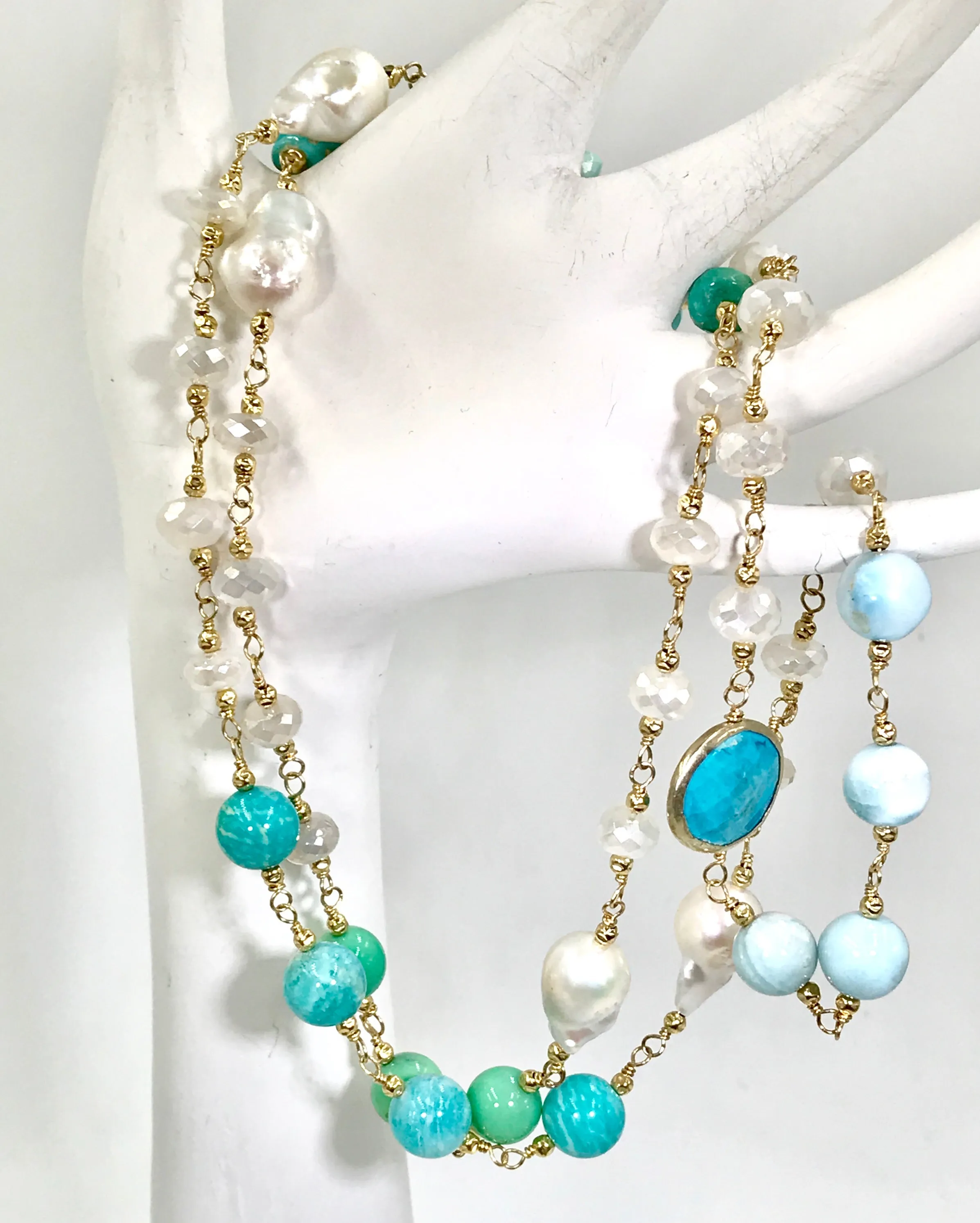 Long Multi Gemstone Pearl Necklace Larimar Sleeping Beauty Turquoise Gold Fill