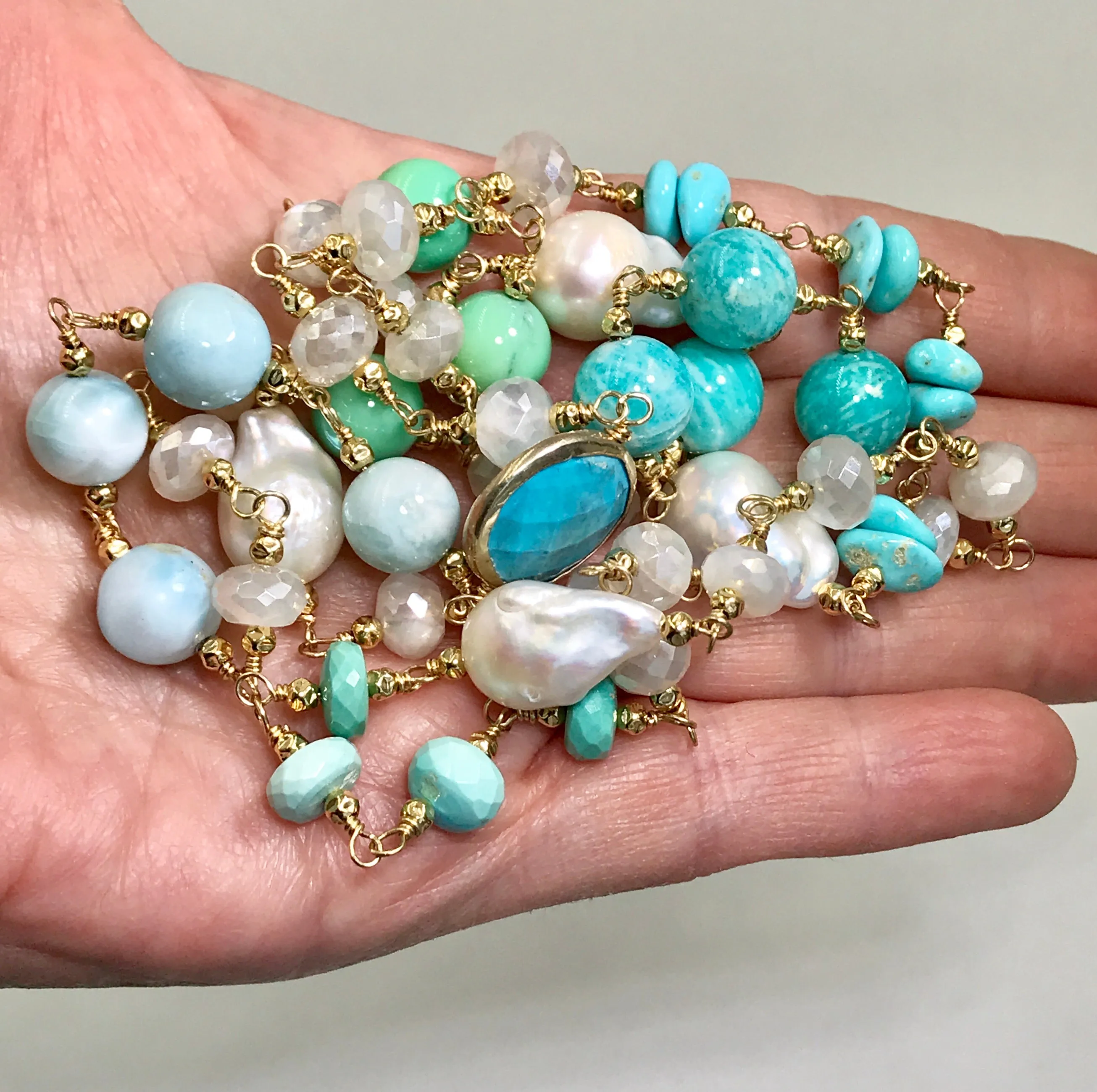 Long Multi Gemstone Pearl Necklace Larimar Sleeping Beauty Turquoise Gold Fill