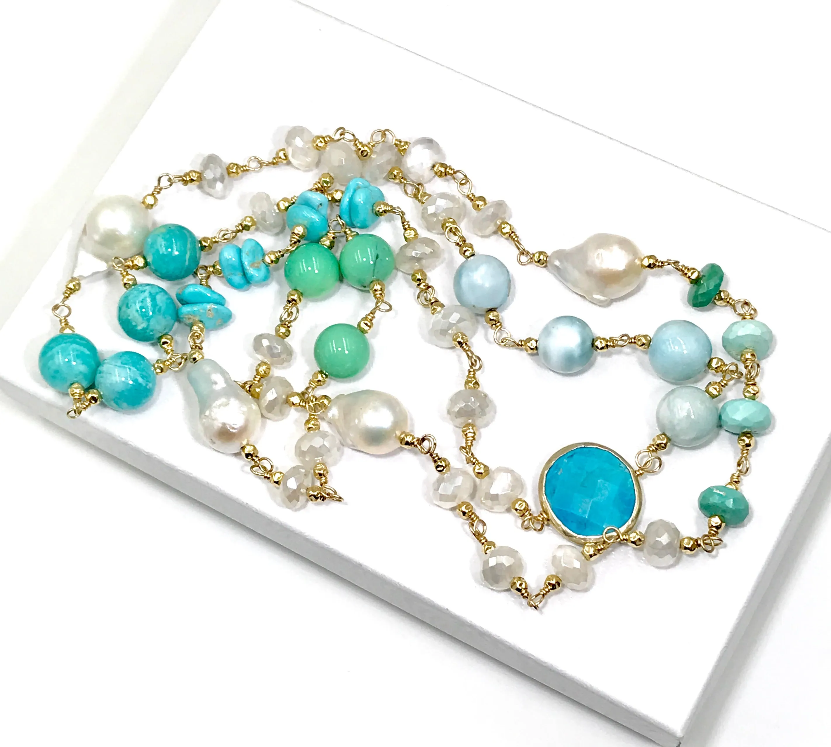 Long Multi Gemstone Pearl Necklace Larimar Sleeping Beauty Turquoise Gold Fill