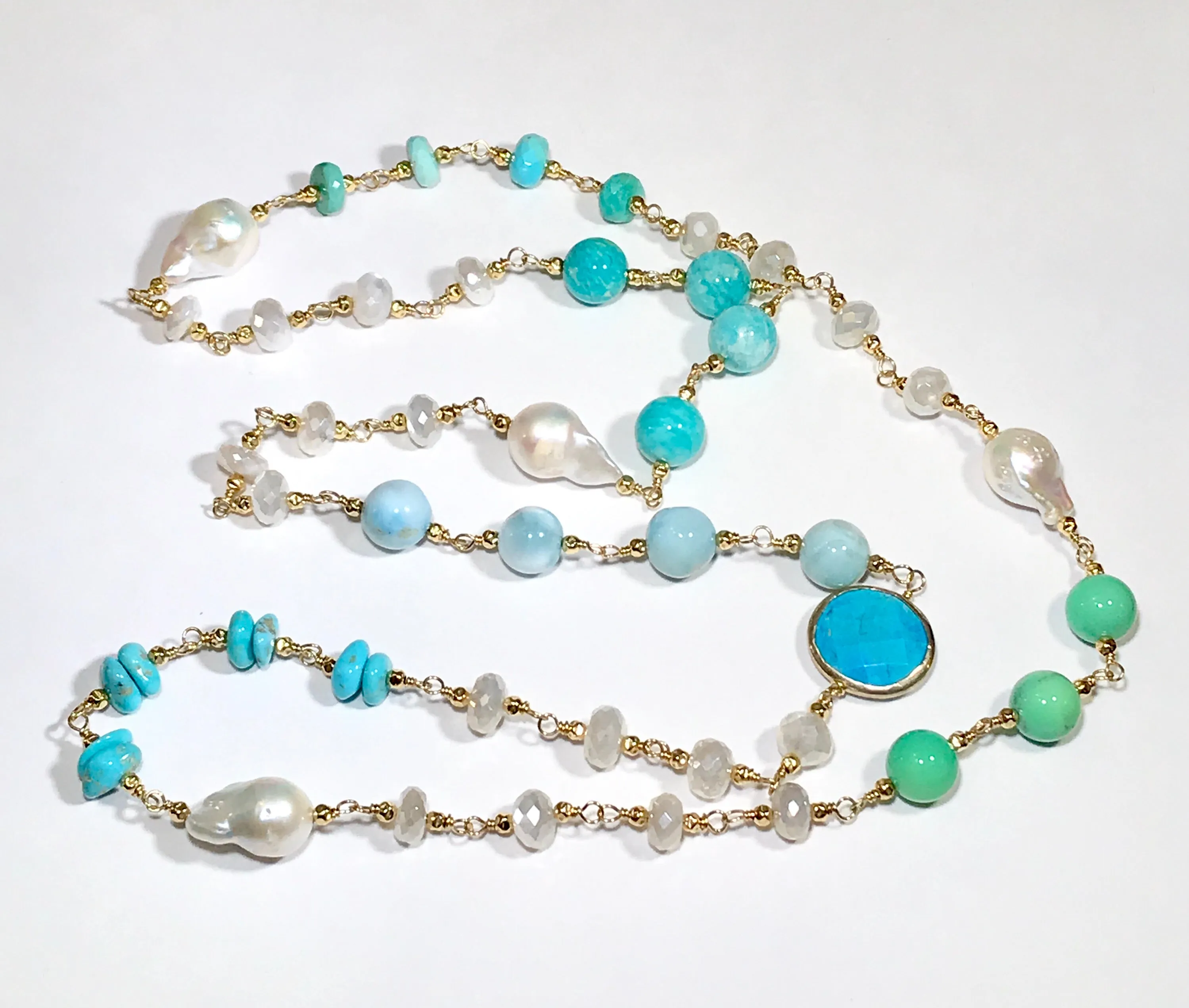 Long Multi Gemstone Pearl Necklace Larimar Sleeping Beauty Turquoise Gold Fill