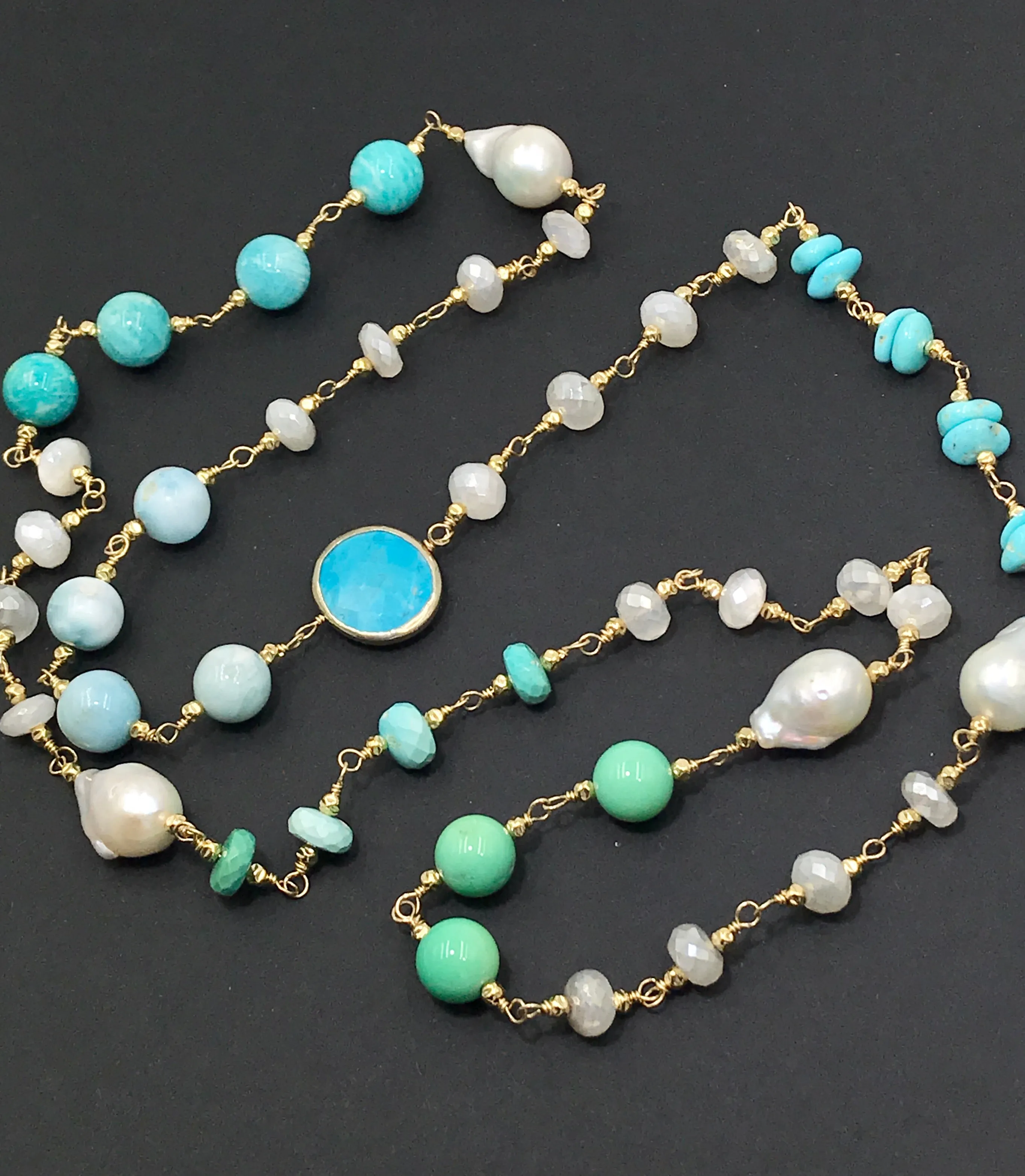 Long Multi Gemstone Pearl Necklace Larimar Sleeping Beauty Turquoise Gold Fill