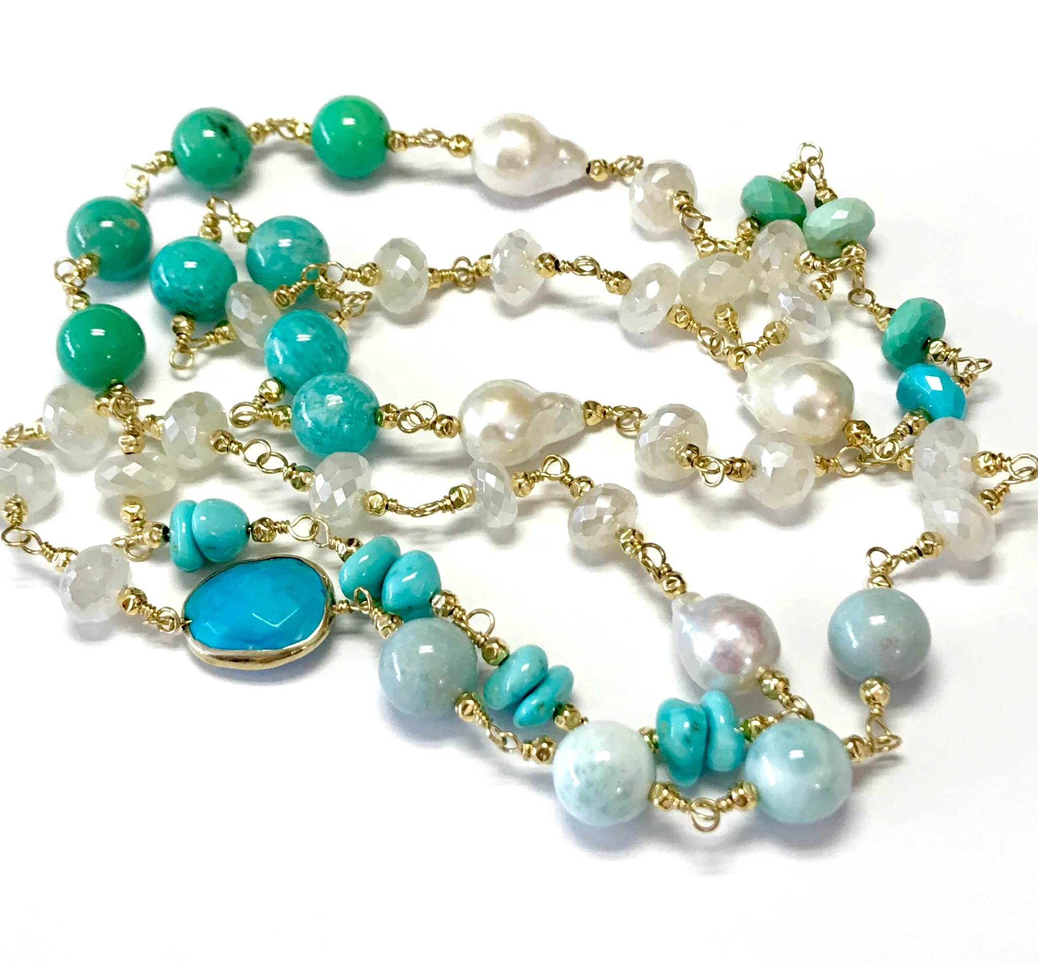 Long Multi Gemstone Pearl Necklace Larimar Sleeping Beauty Turquoise Gold Fill