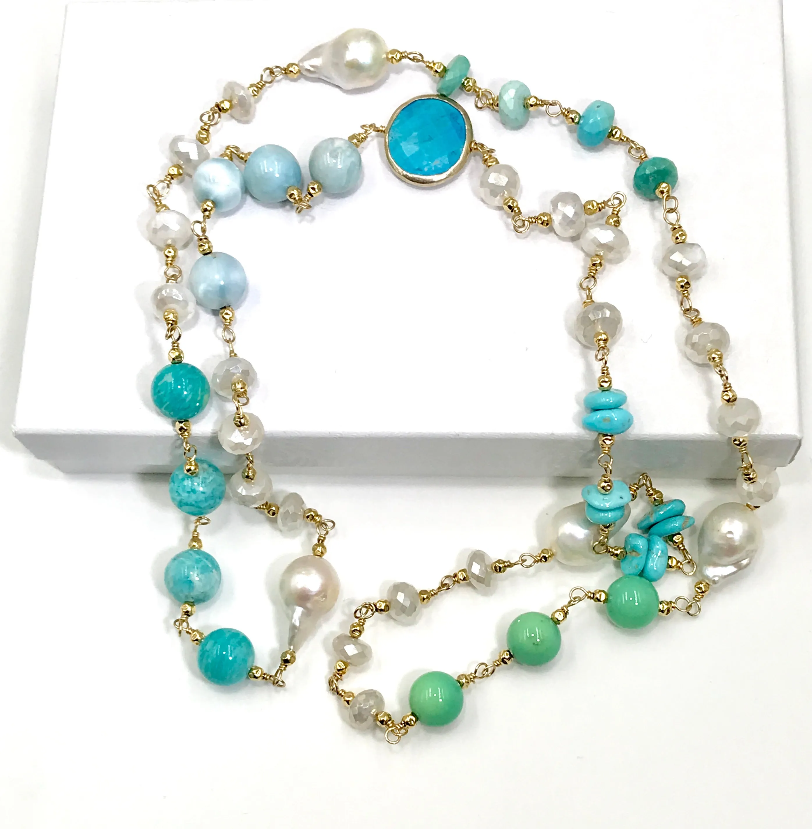 Long Multi Gemstone Pearl Necklace Larimar Sleeping Beauty Turquoise Gold Fill