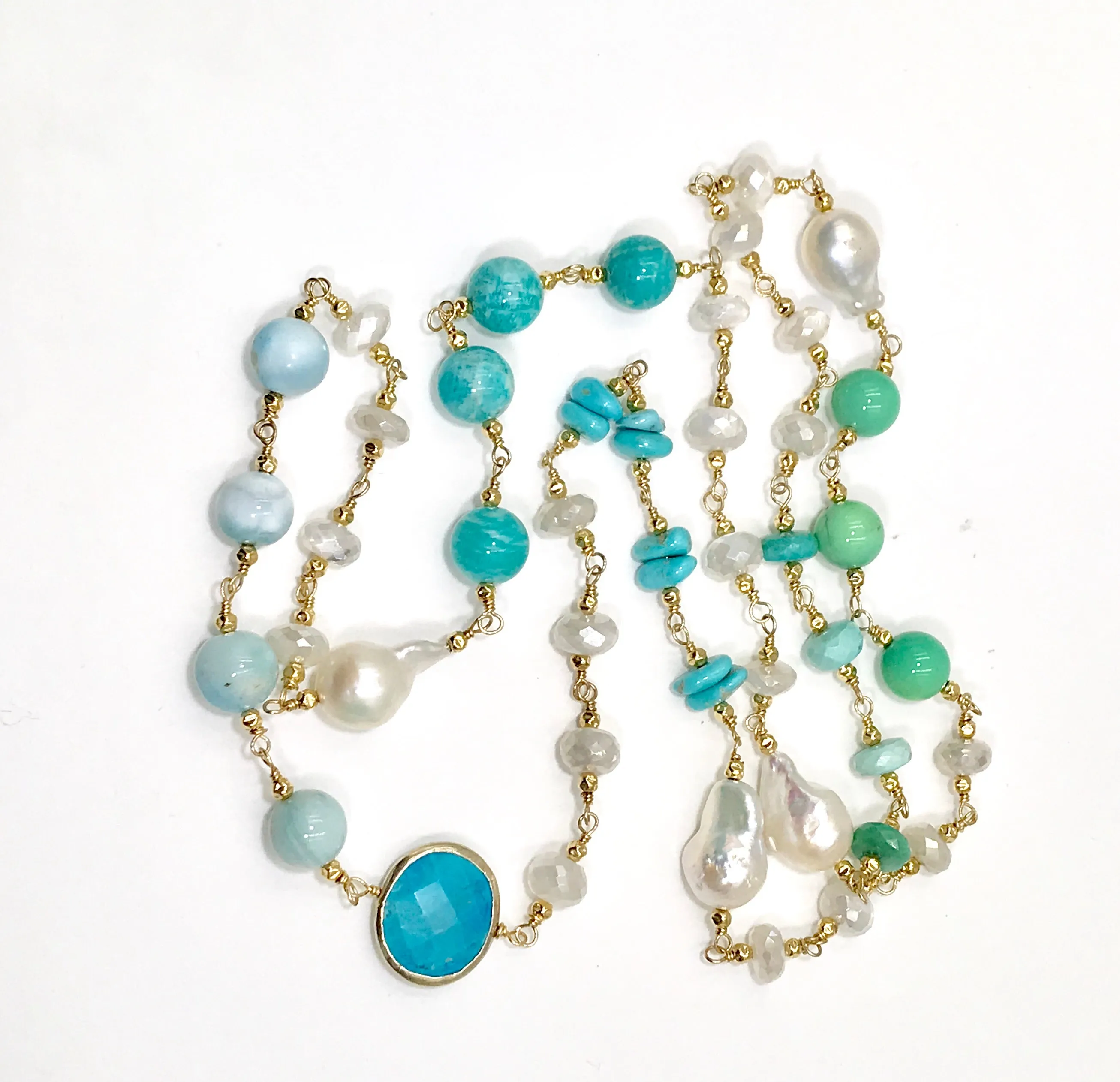Long Multi Gemstone Pearl Necklace Larimar Sleeping Beauty Turquoise Gold Fill