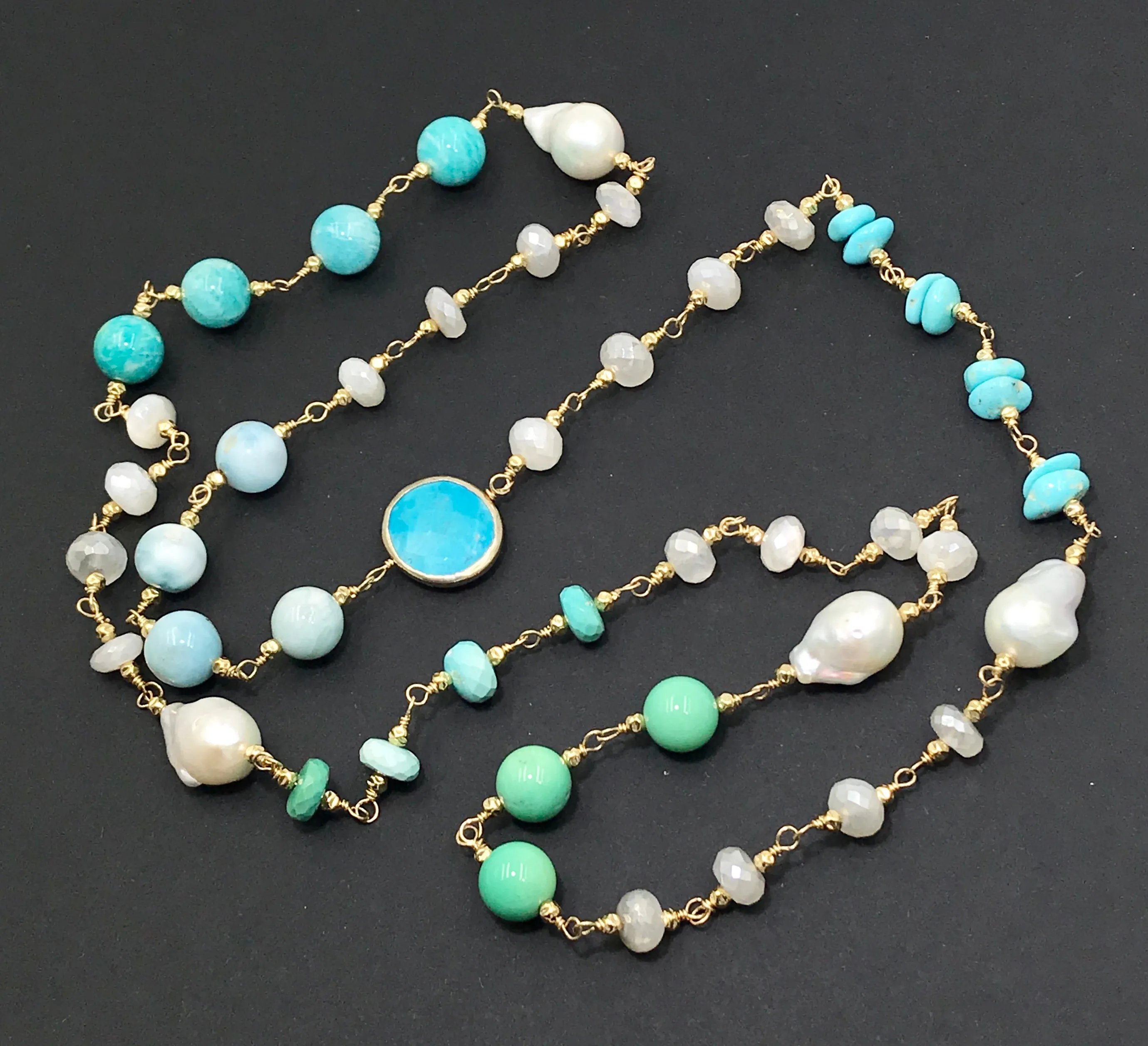 Long Multi Gemstone Pearl Necklace Larimar Sleeping Beauty Turquoise Gold Fill