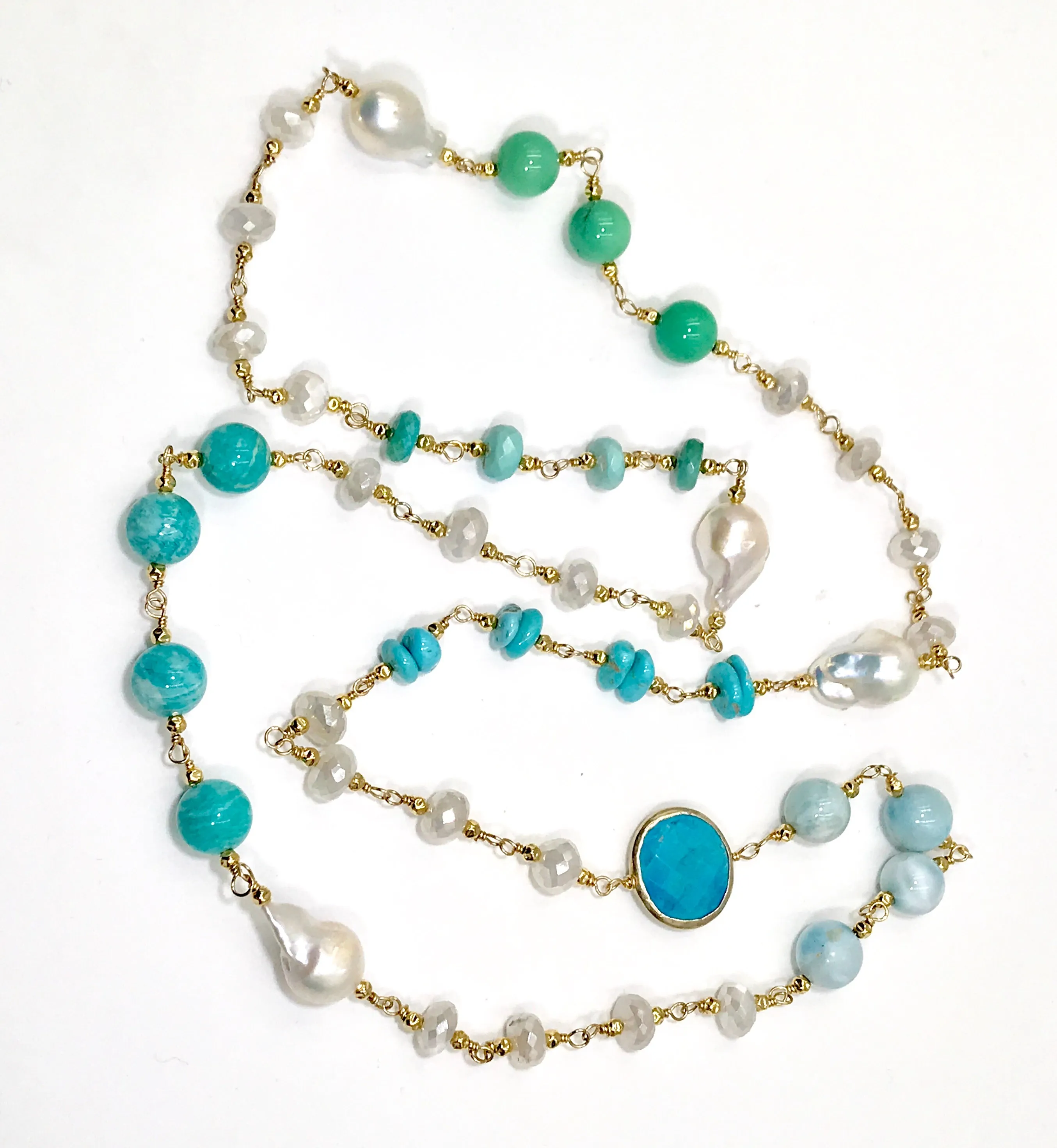 Long Multi Gemstone Pearl Necklace Larimar Sleeping Beauty Turquoise Gold Fill