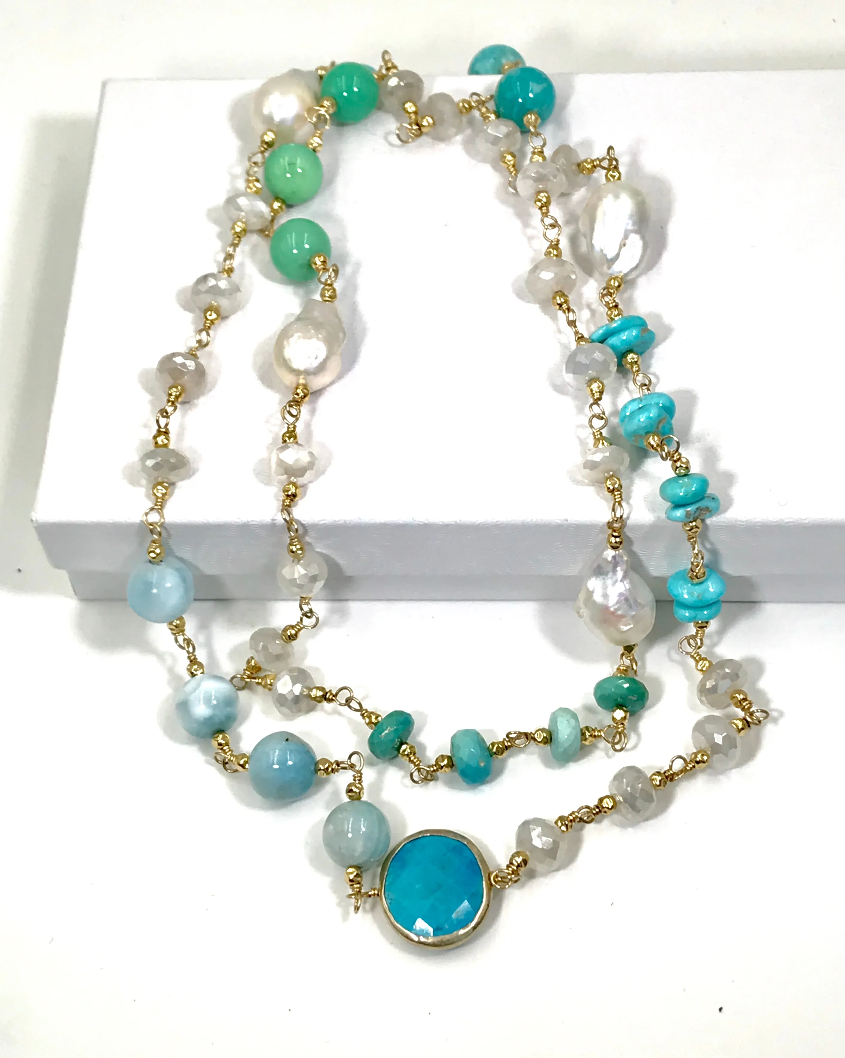 Long Multi Gemstone Pearl Necklace Larimar Sleeping Beauty Turquoise Gold Fill