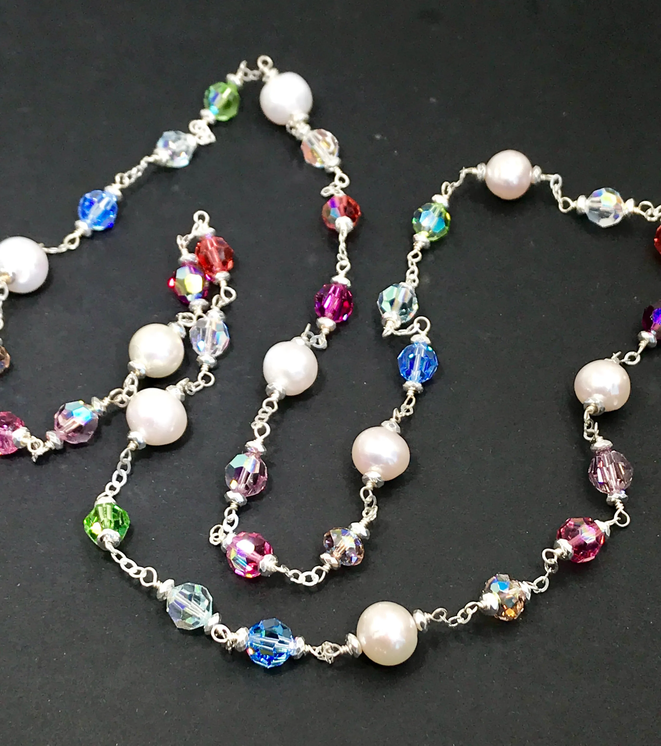 Long Pearl Swarovski Crystal Sautoir Sterling Silver Necklace
