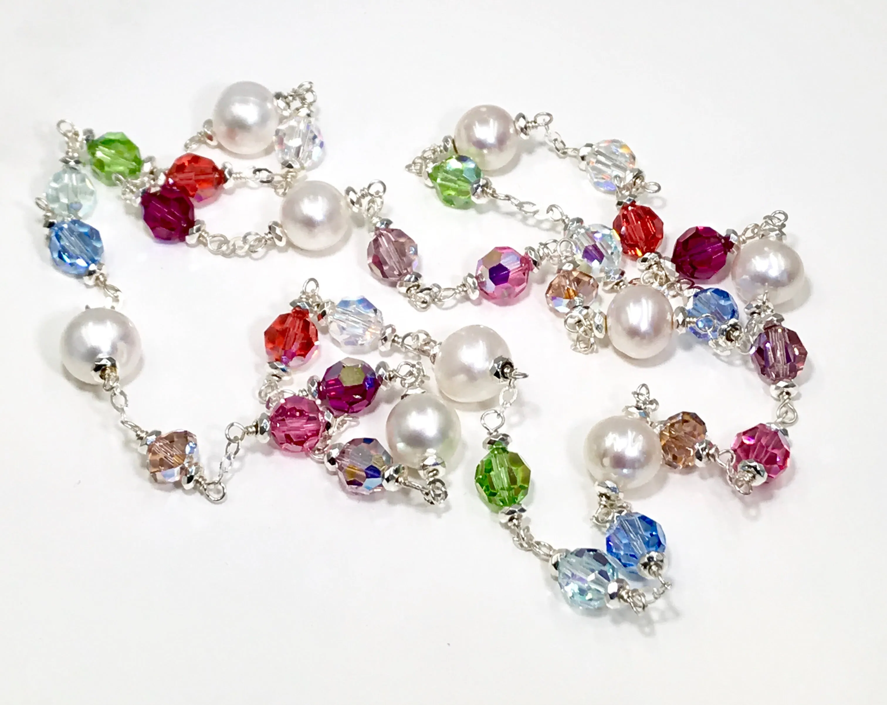 Long Pearl Swarovski Crystal Sautoir Sterling Silver Necklace