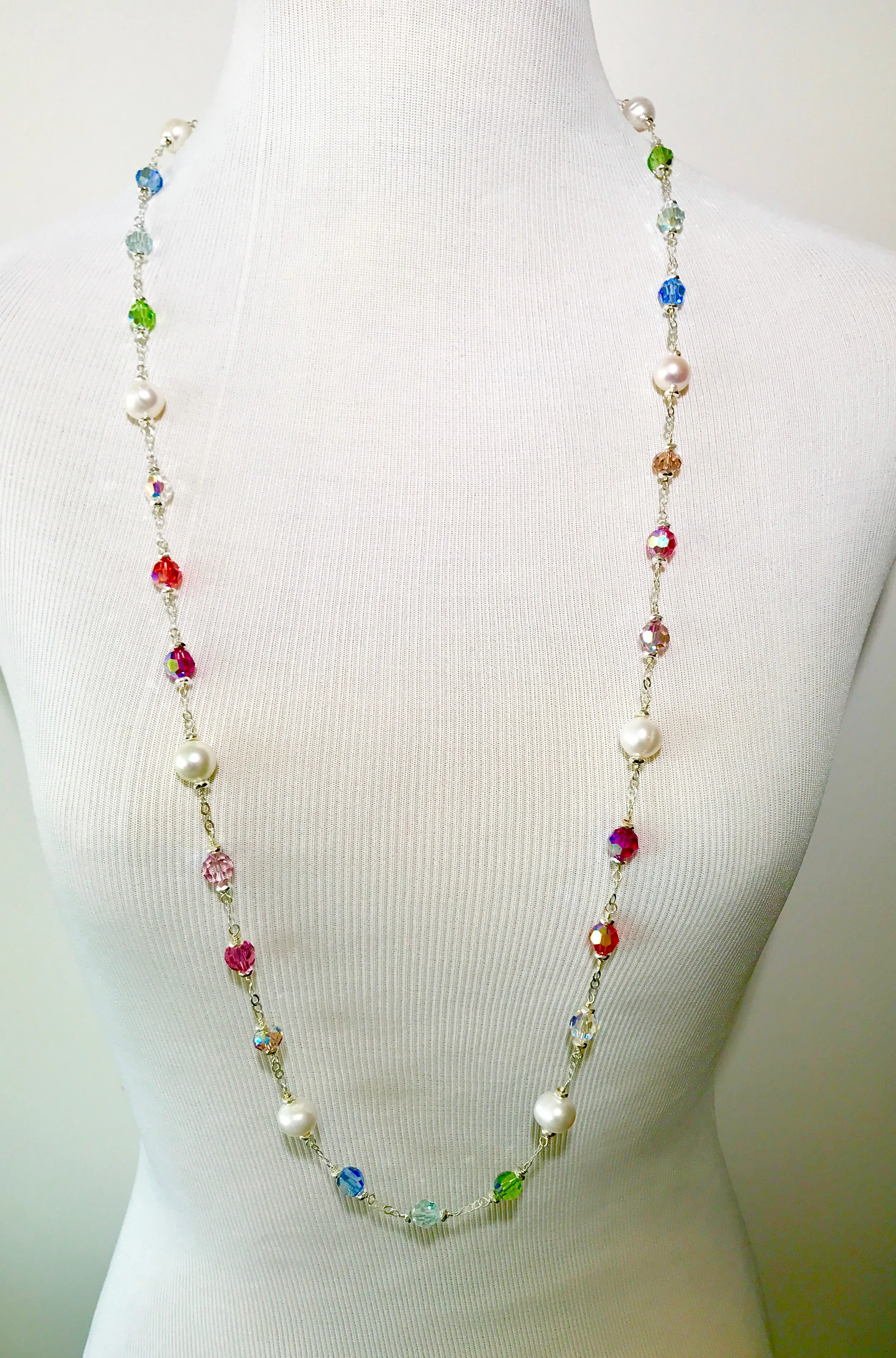 Long Pearl Swarovski Crystal Sautoir Sterling Silver Necklace