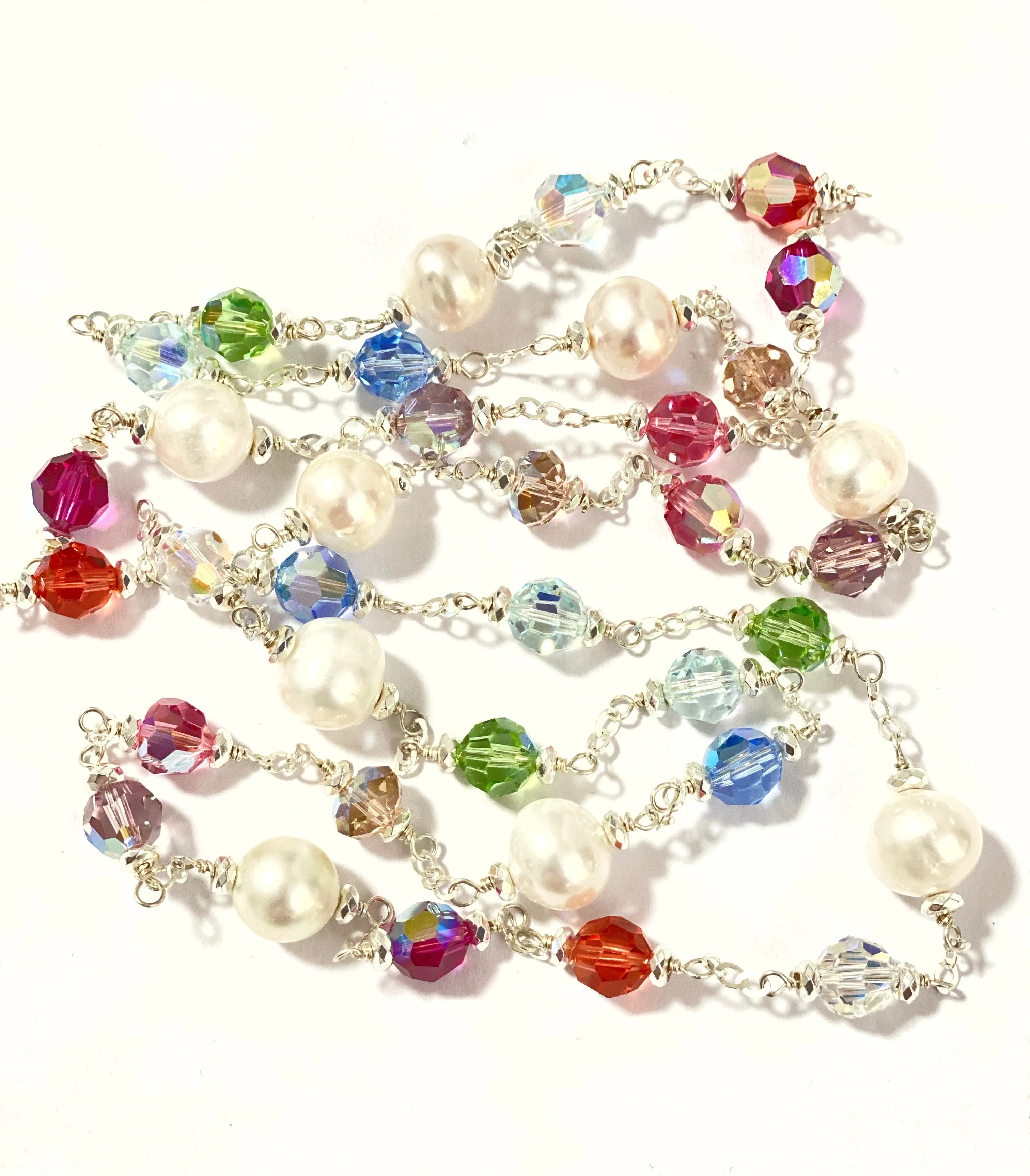 Long Pearl Swarovski Crystal Sautoir Sterling Silver Necklace