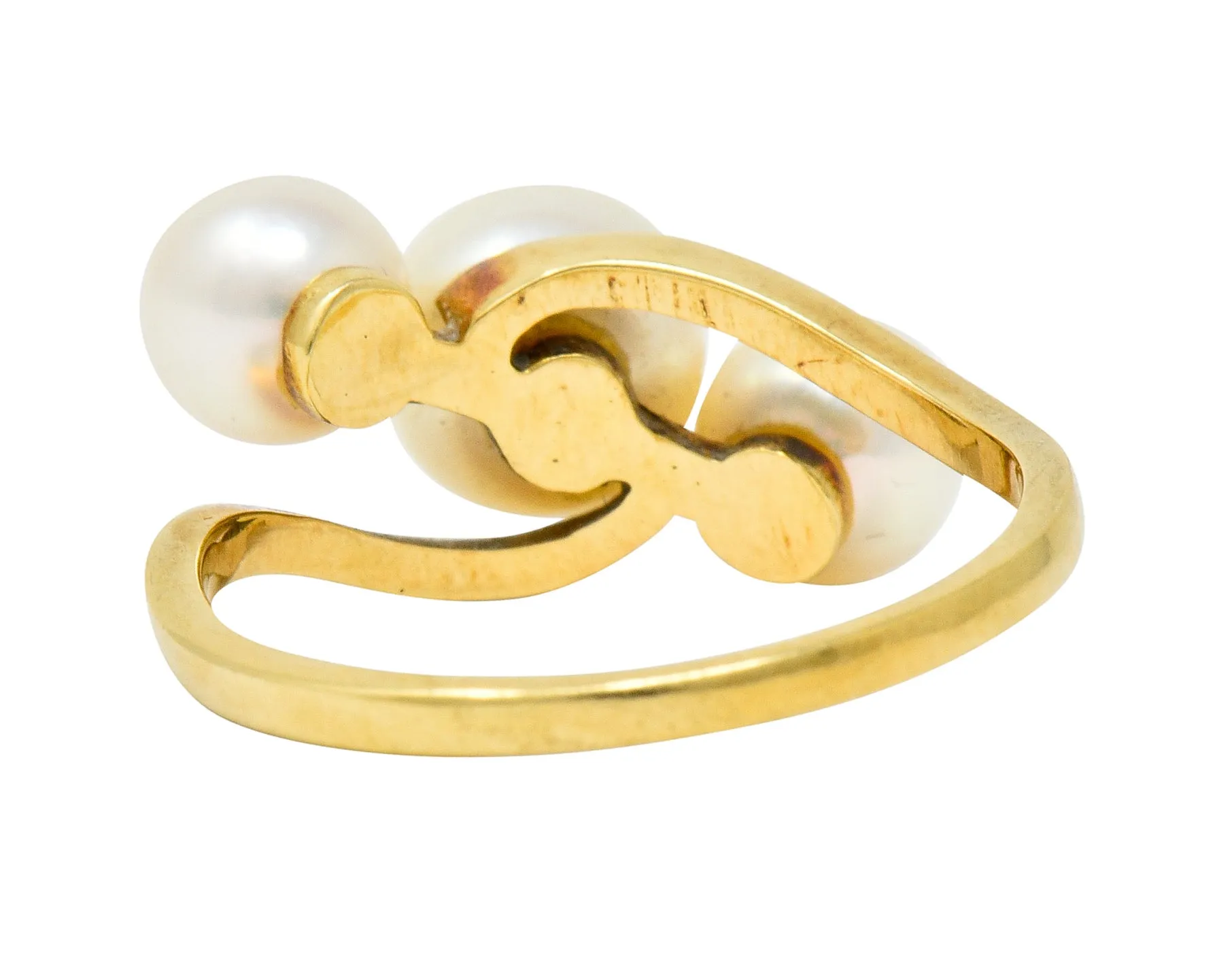 Mikimoto Vintage Cultured Pearl 14 Karat Gold Three Stone Ring