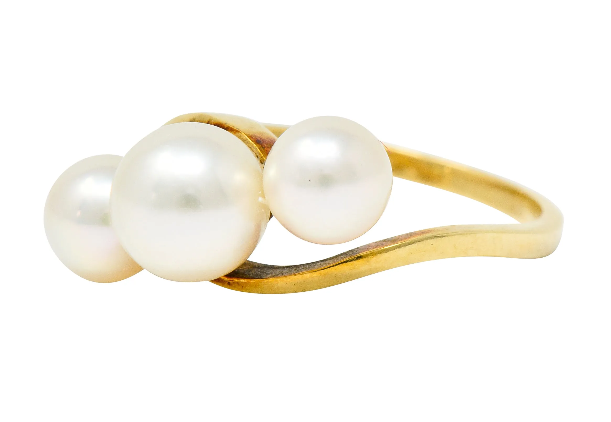 Mikimoto Vintage Cultured Pearl 14 Karat Gold Three Stone Ring