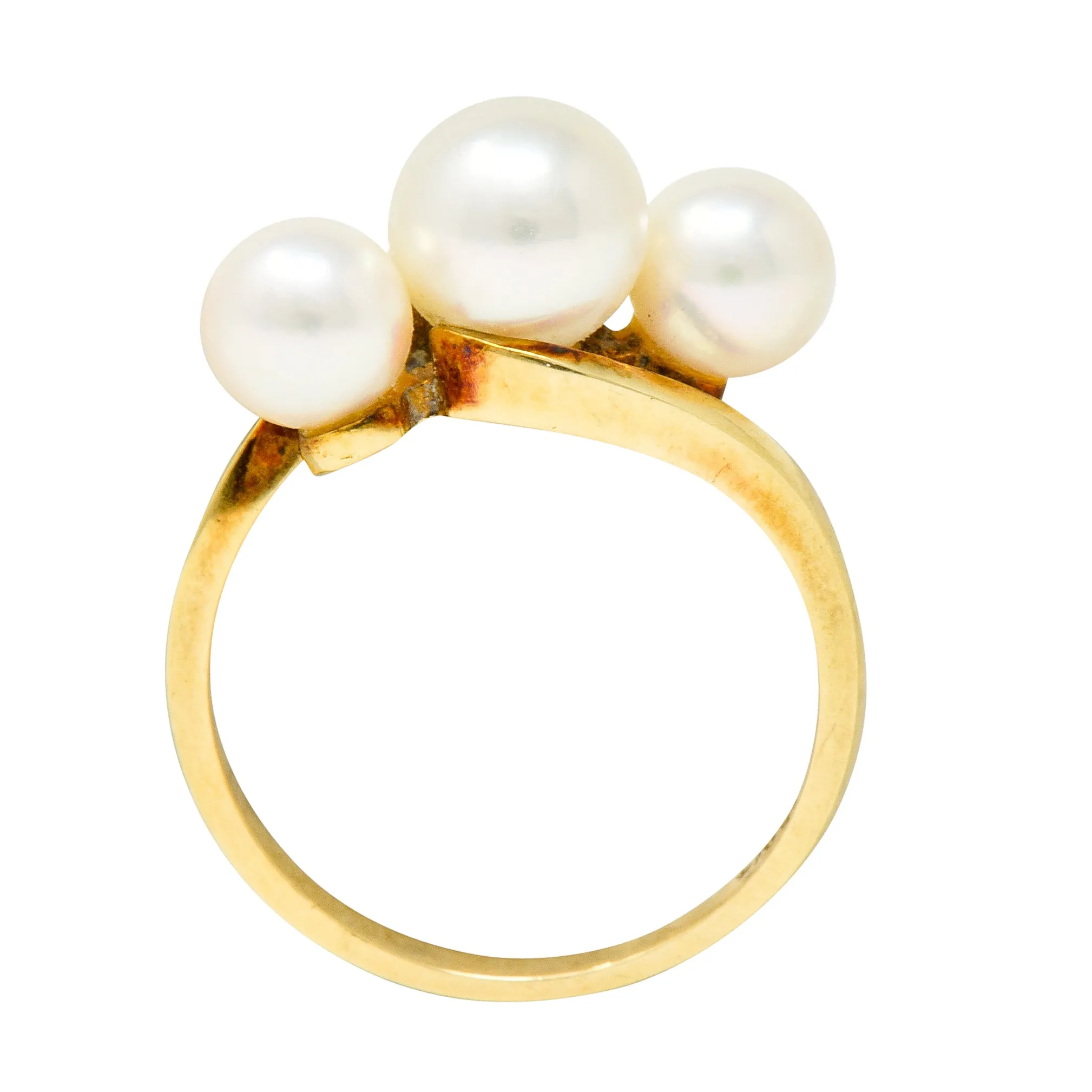 Mikimoto Vintage Cultured Pearl 14 Karat Gold Three Stone Ring