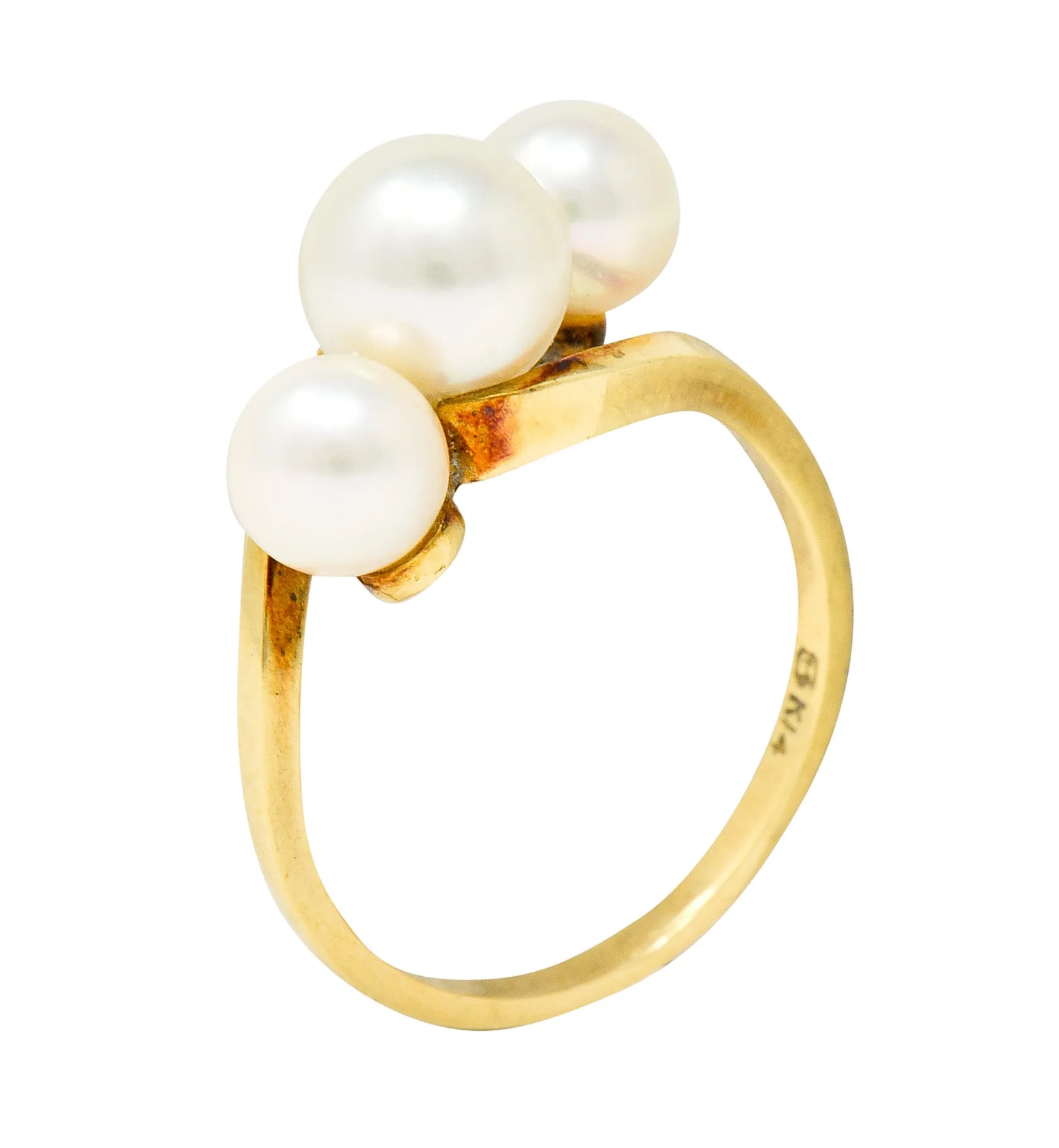 Mikimoto Vintage Cultured Pearl 14 Karat Gold Three Stone Ring