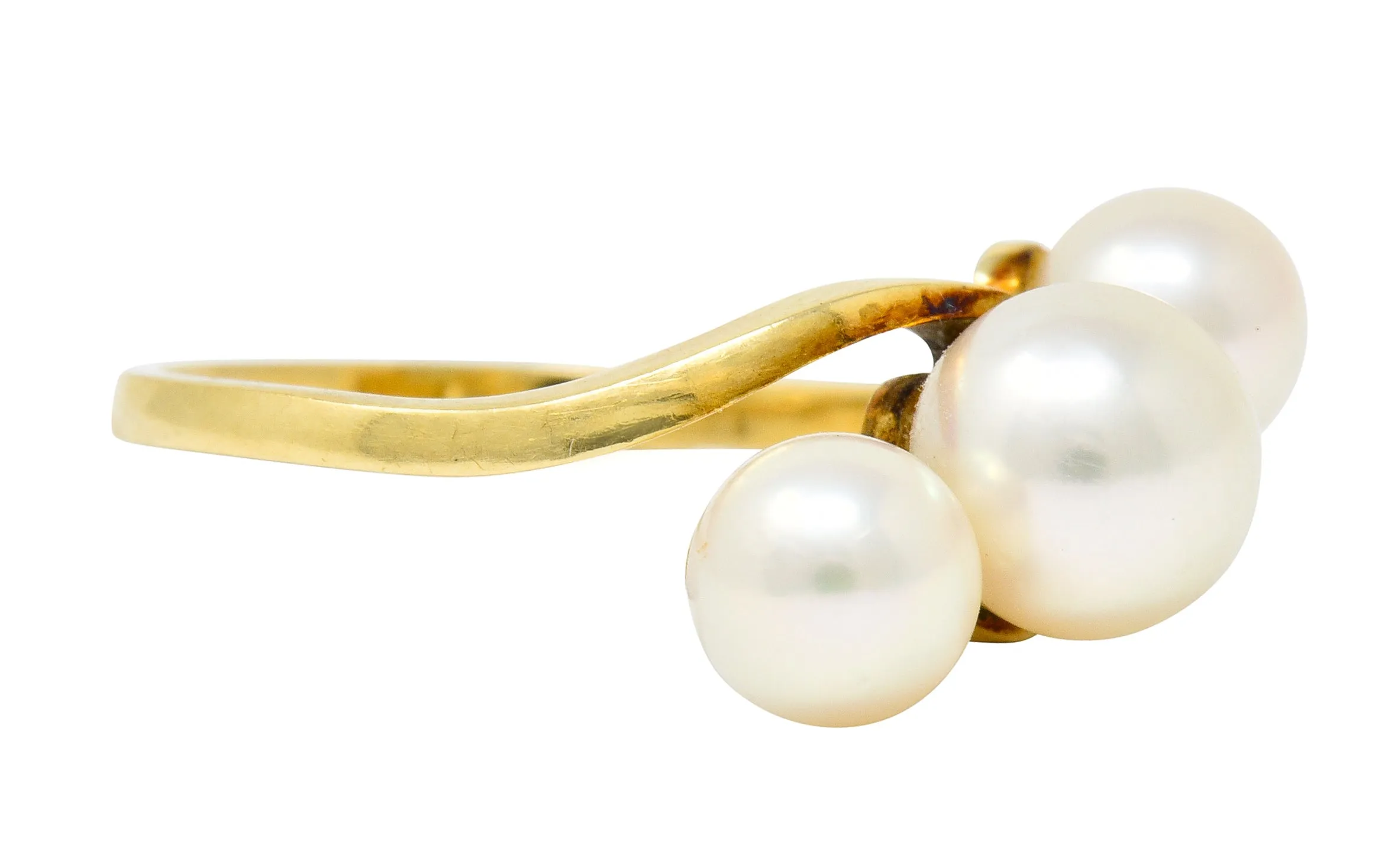 Mikimoto Vintage Cultured Pearl 14 Karat Gold Three Stone Ring