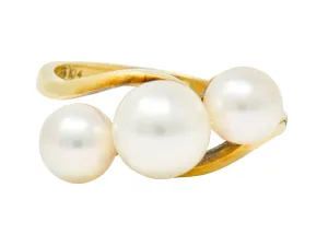 Mikimoto Vintage Cultured Pearl 14 Karat Gold Three Stone Ring