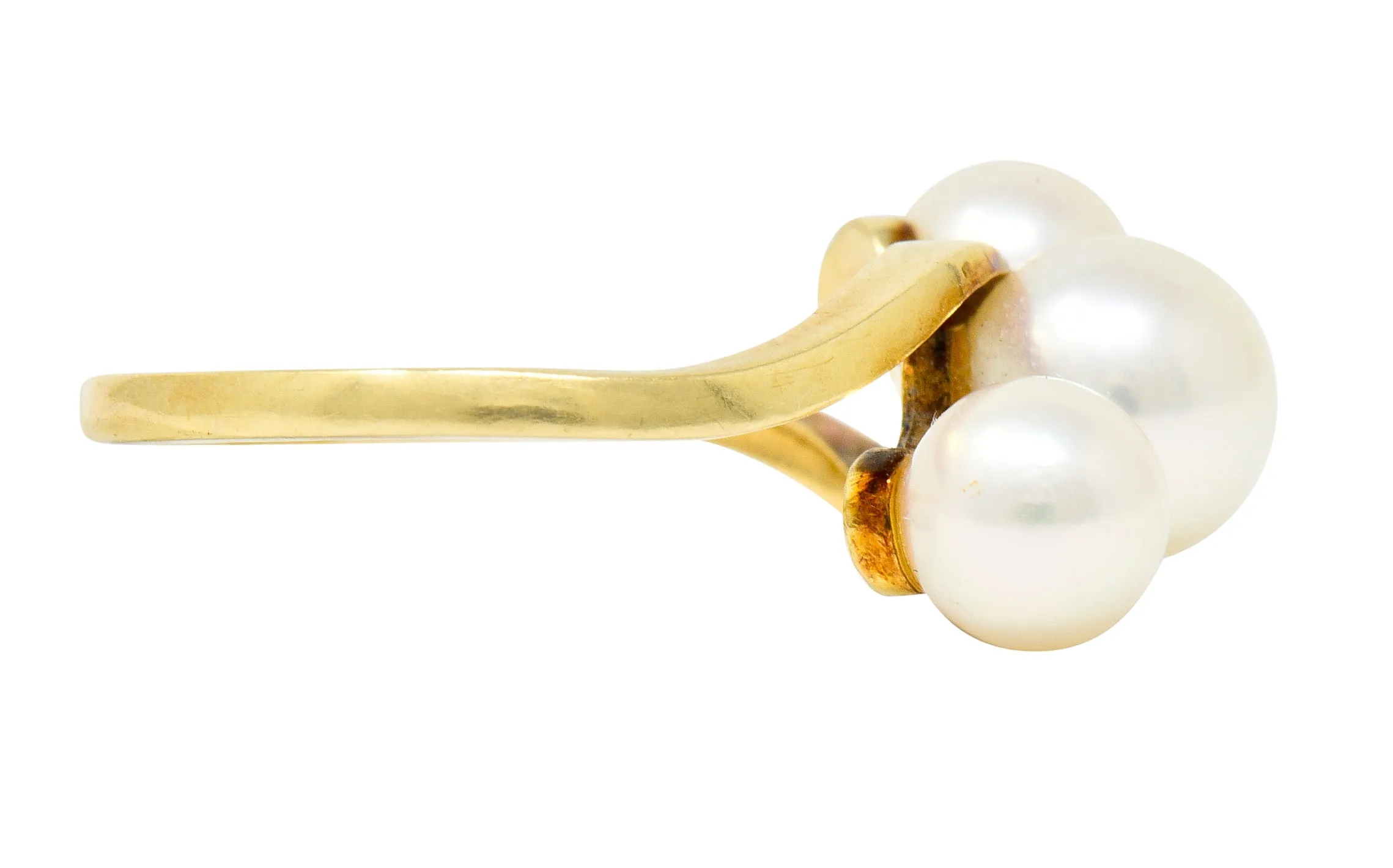 Mikimoto Vintage Cultured Pearl 14 Karat Gold Three Stone Ring