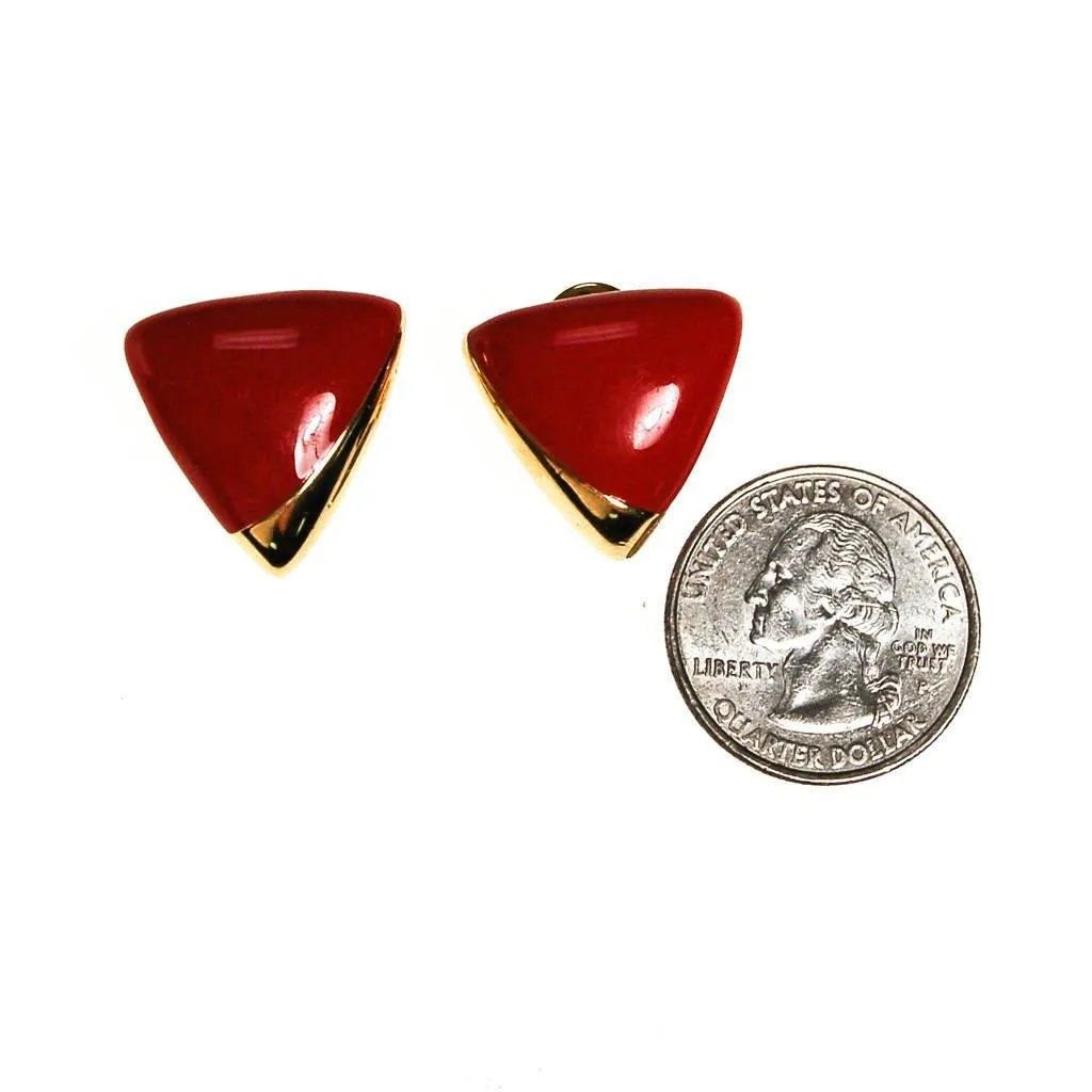 Monet Red and Gold Triangle Clip Earrings, Designer Vintage Jewelry