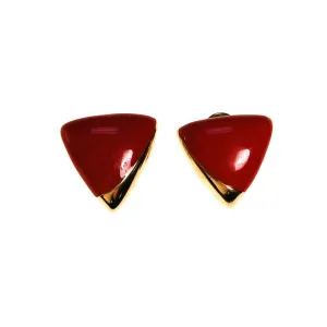 Monet Red and Gold Triangle Clip Earrings, Designer Vintage Jewelry