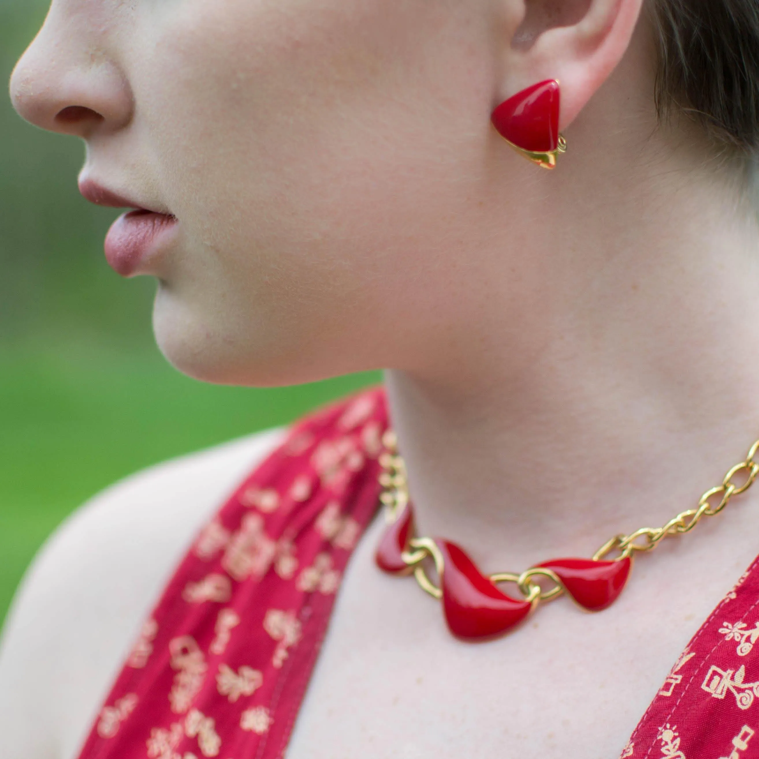 Monet Red and Gold Triangle Clip Earrings, Designer Vintage Jewelry