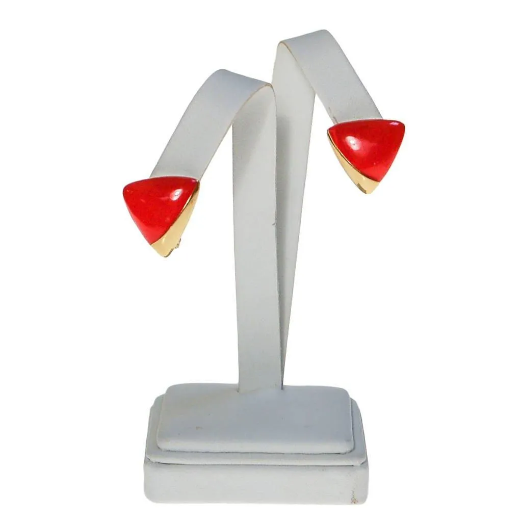 Monet Red and Gold Triangle Clip Earrings, Designer Vintage Jewelry