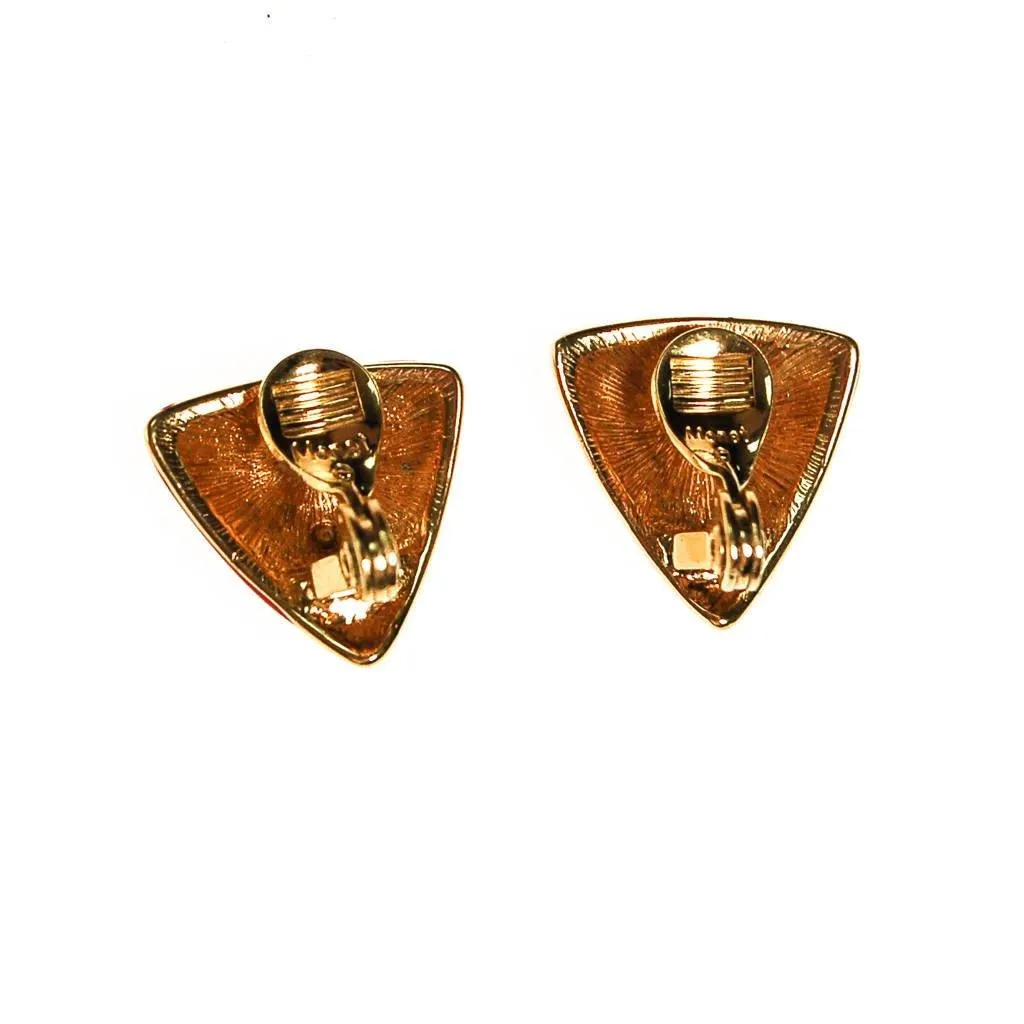 Monet Red and Gold Triangle Clip Earrings, Designer Vintage Jewelry