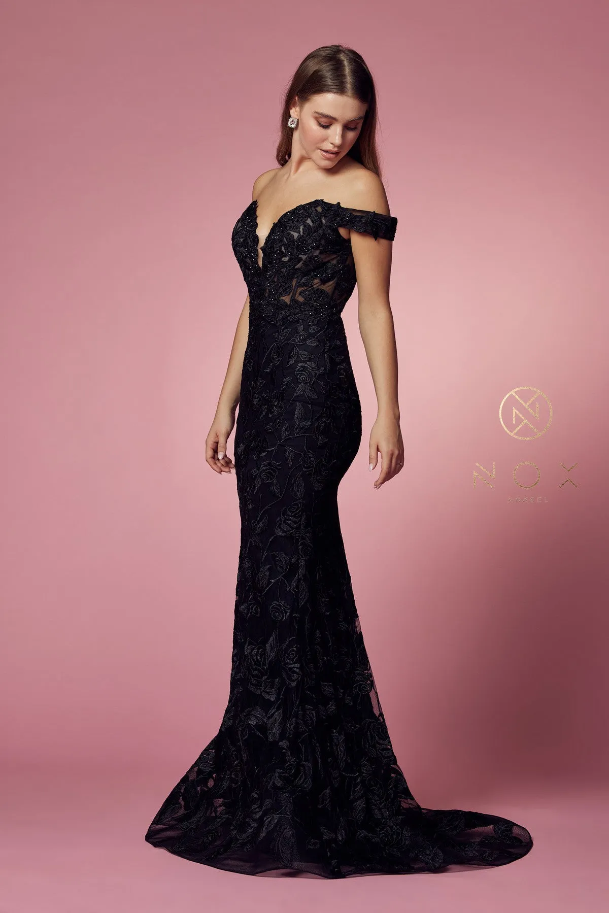 N C439 - Off The Shoulder Bead Embellished Lace Fit & Flare Prom Gown with Sheer Boned V-Neck Bodice & Train
