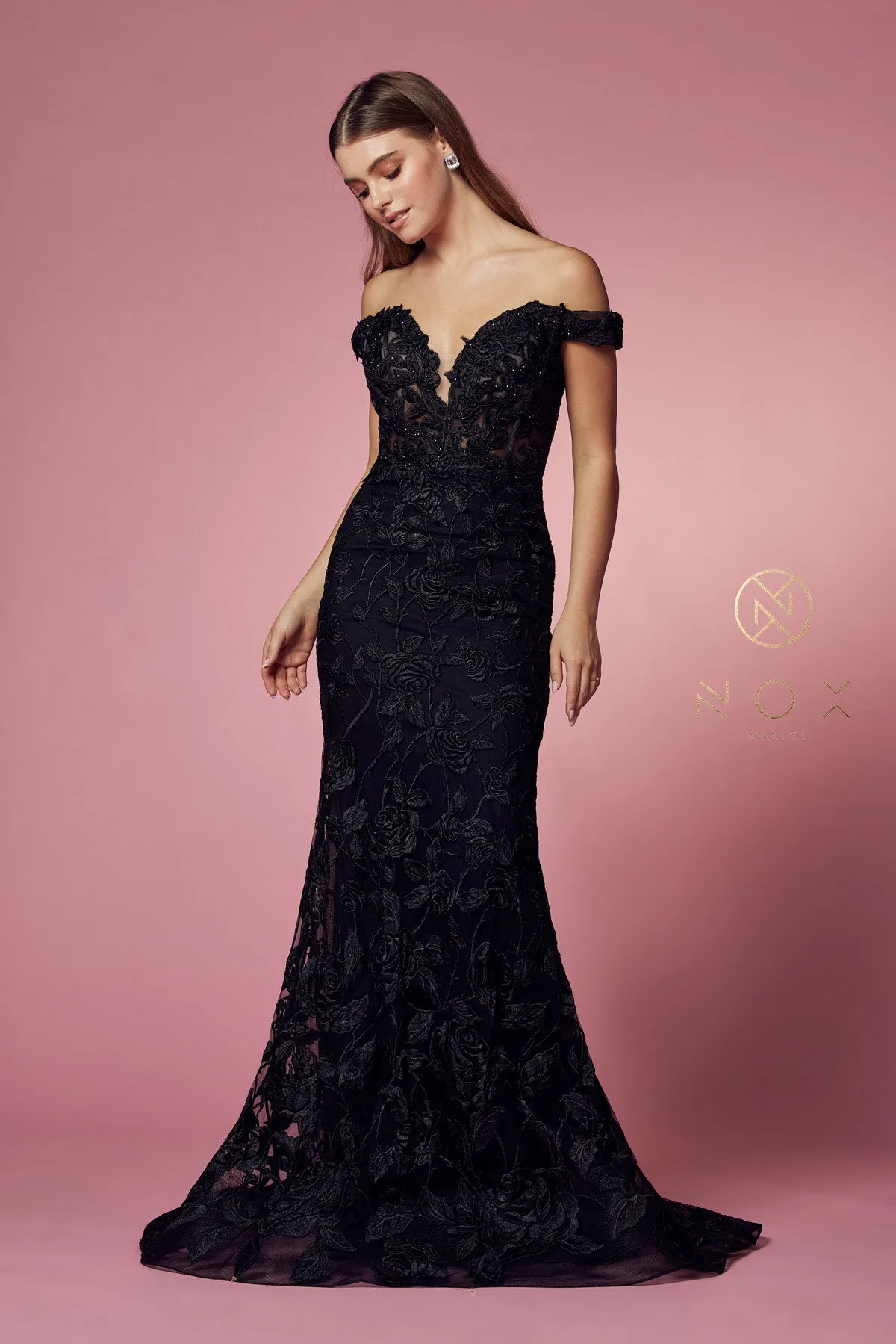 N C439 - Off The Shoulder Bead Embellished Lace Fit & Flare Prom Gown with Sheer Boned V-Neck Bodice & Train
