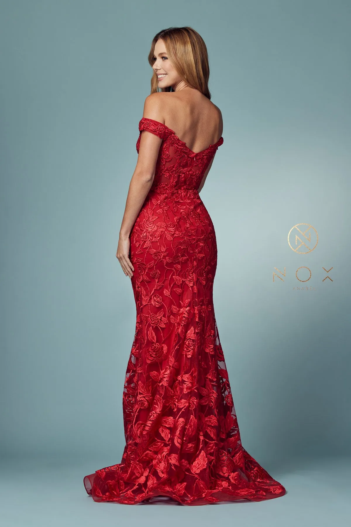 N C439 - Off The Shoulder Bead Embellished Lace Fit & Flare Prom Gown with Sheer Boned V-Neck Bodice & Train