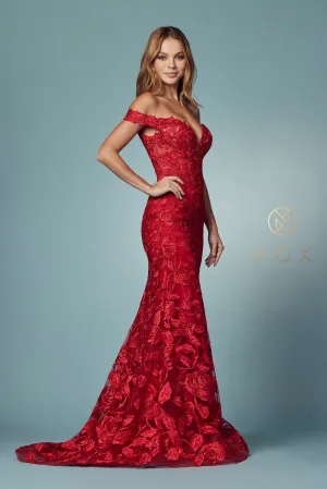 N C439 - Off The Shoulder Bead Embellished Lace Fit & Flare Prom Gown with Sheer Boned V-Neck Bodice & Train