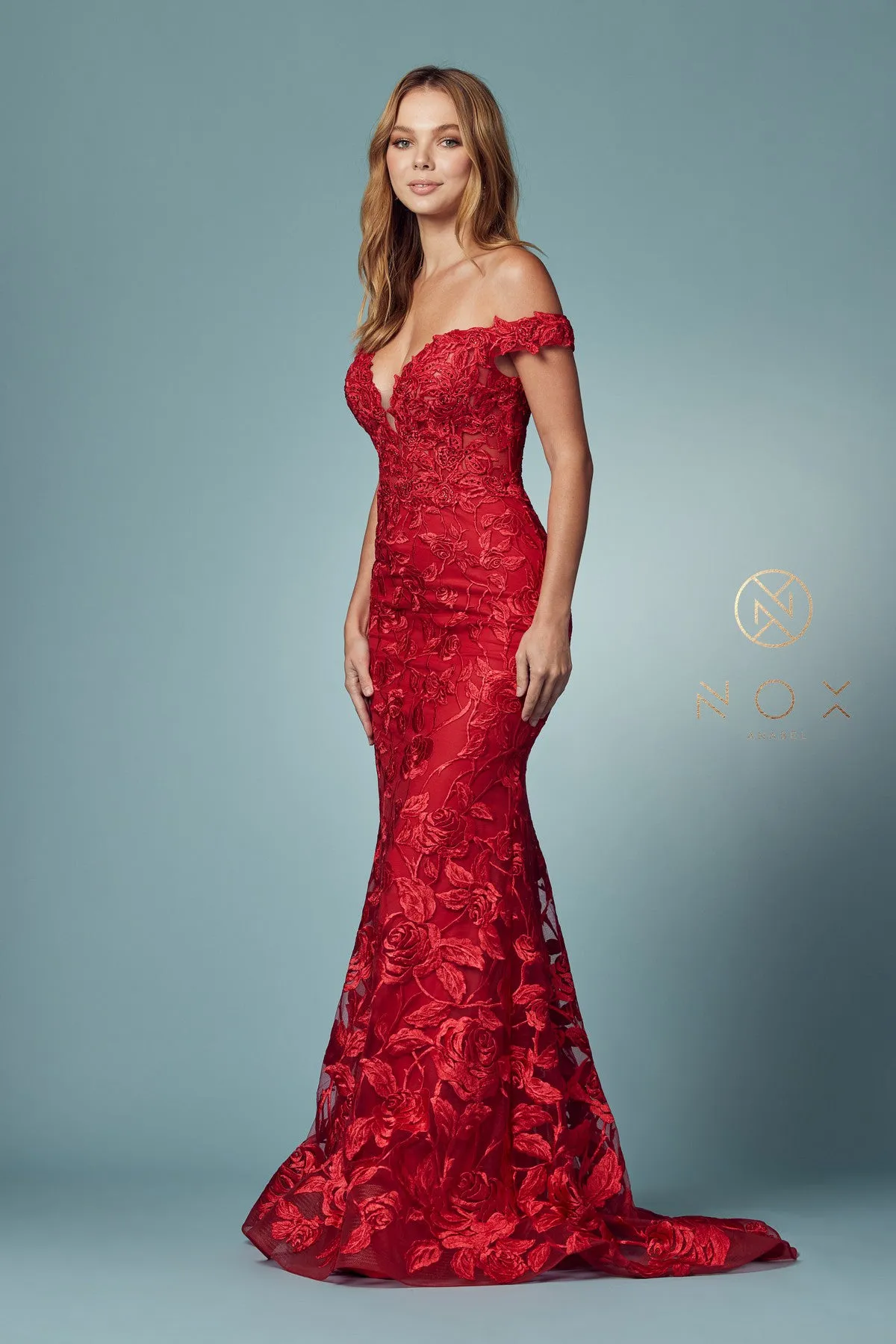 N C439 - Off The Shoulder Bead Embellished Lace Fit & Flare Prom Gown with Sheer Boned V-Neck Bodice & Train