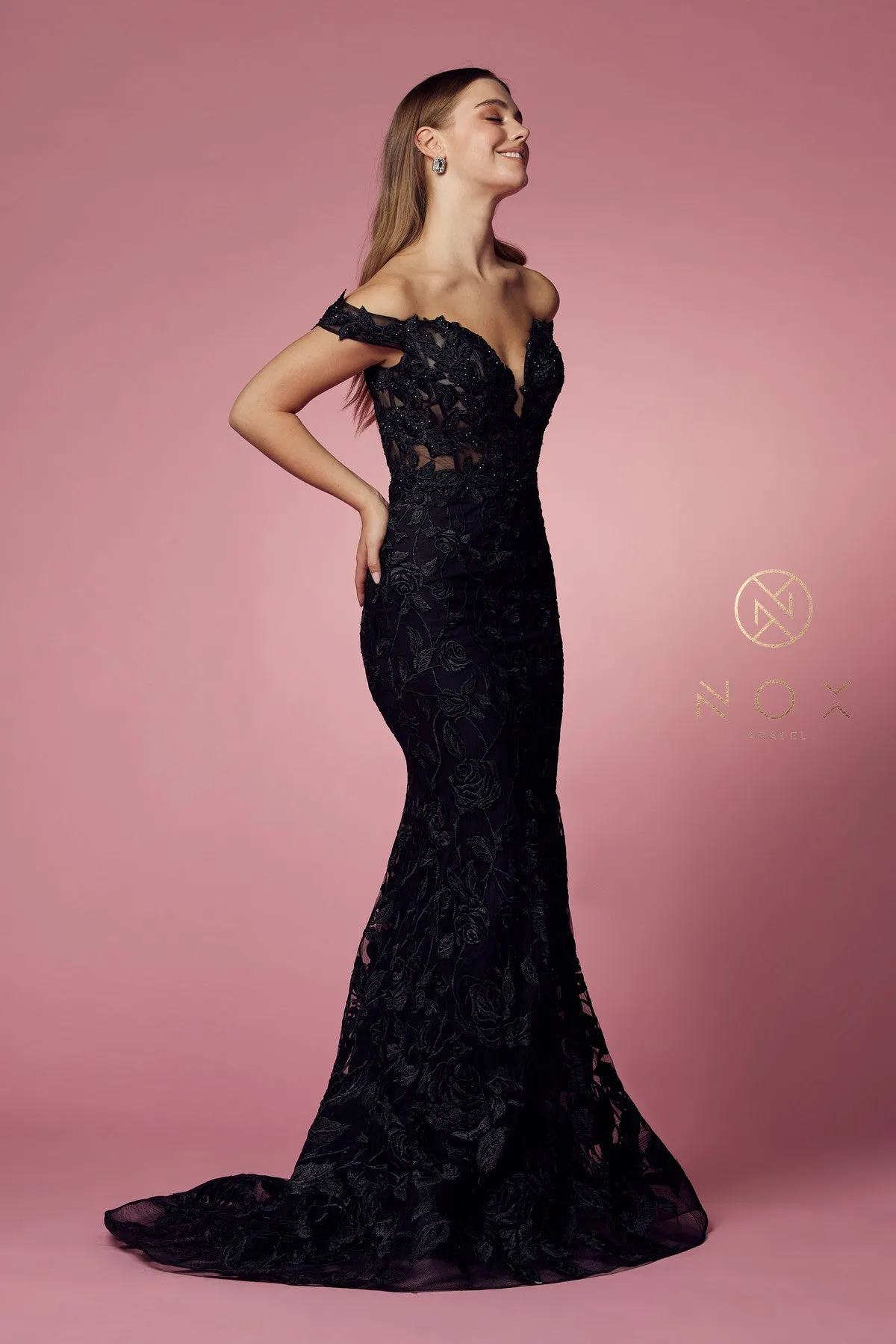 N C439 - Off The Shoulder Bead Embellished Lace Fit & Flare Prom Gown with Sheer Boned V-Neck Bodice & Train