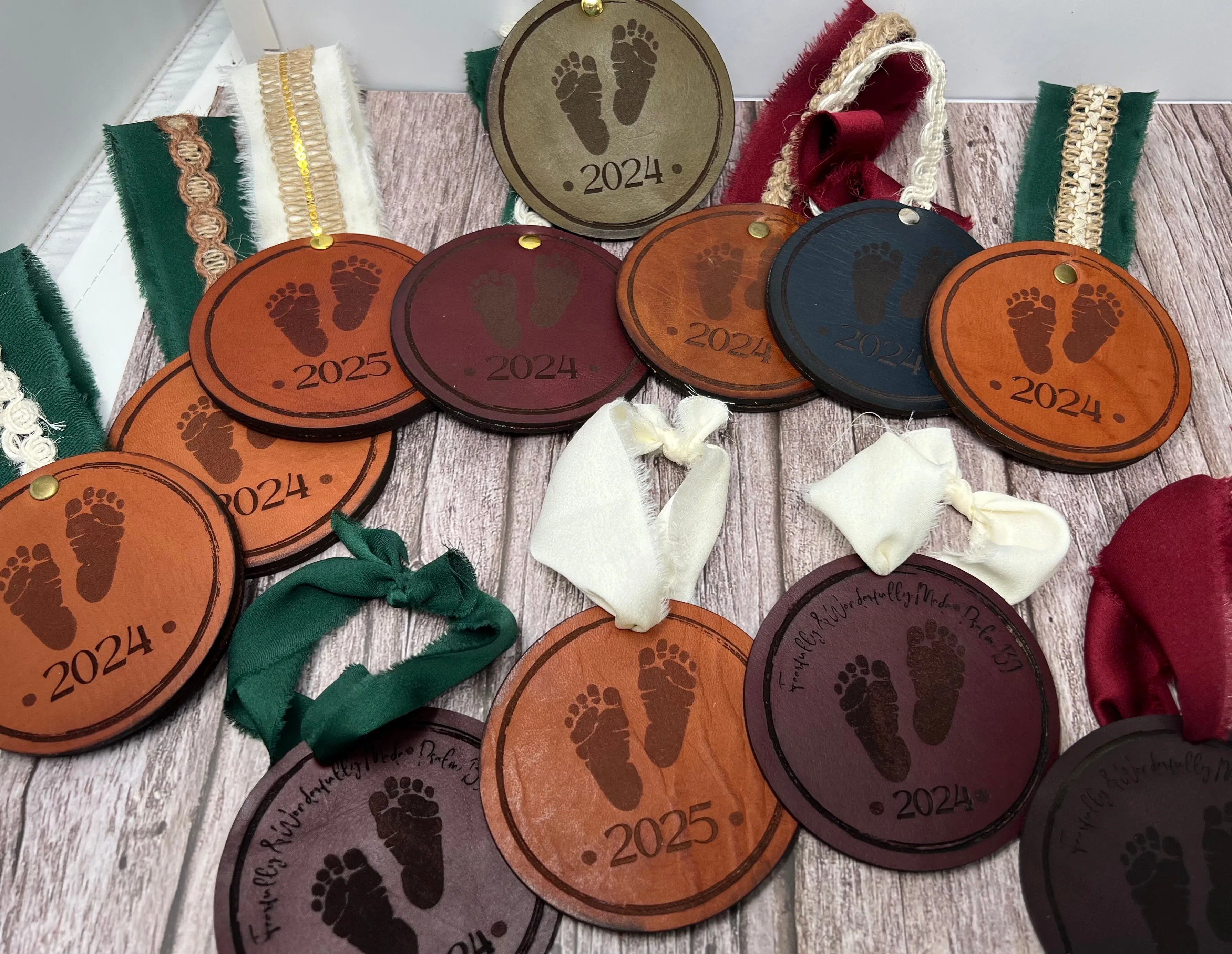 Name & Year full grain premium leather Ornaments