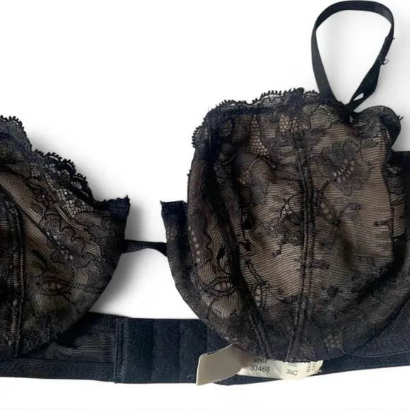 Natori goth Black Lace Bra balconette lingerie size 36 C