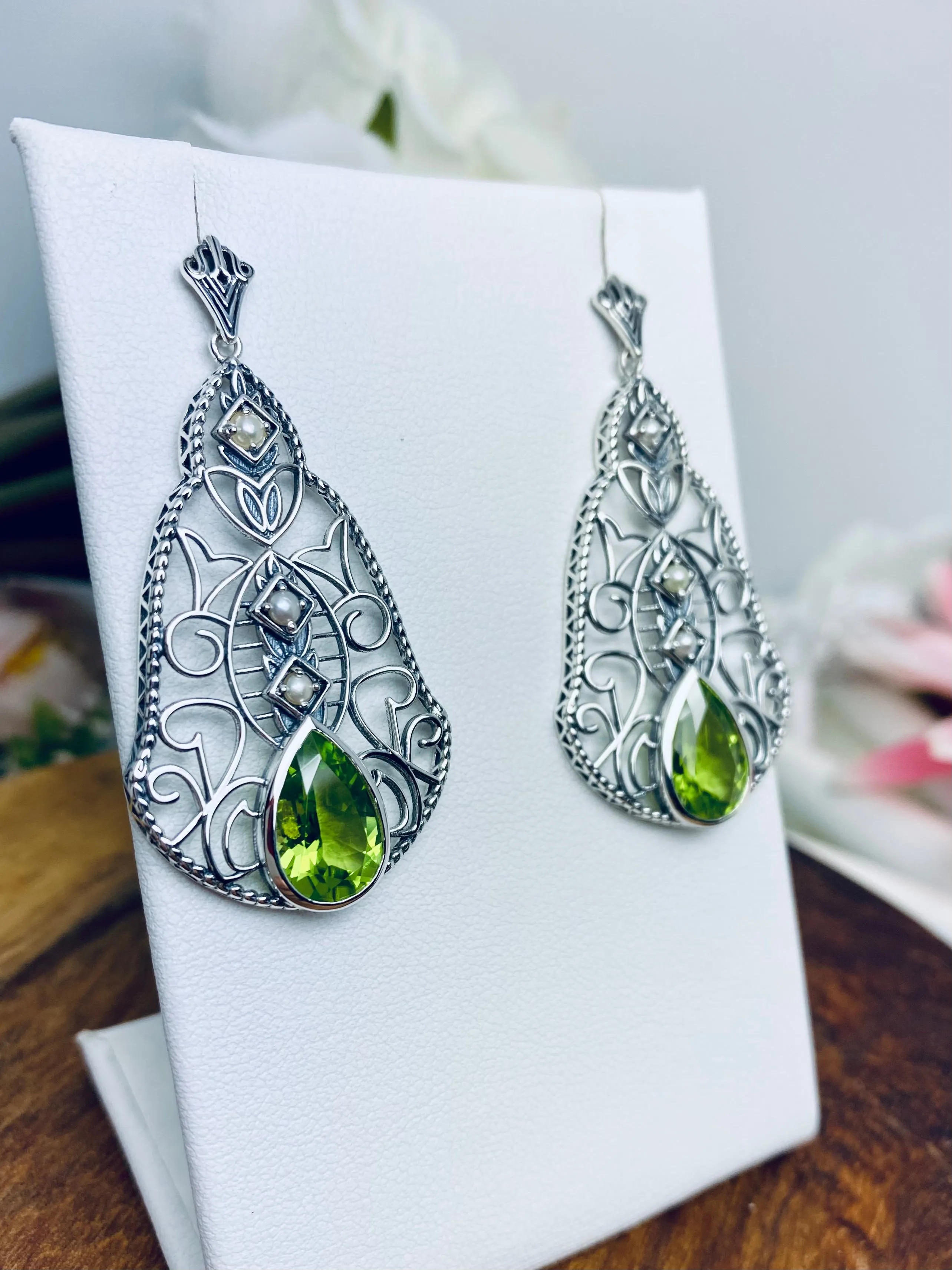 Natural Peridot Earrings, with Pearl accents, Fancy Lavalier Earrings, Victorian Jewelry E22