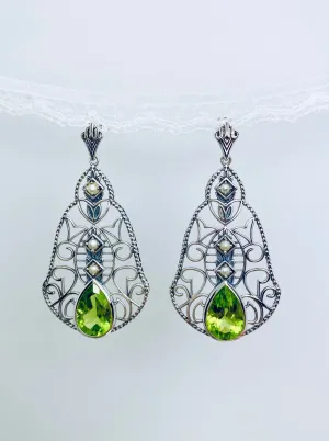 Natural Peridot Earrings, with Pearl accents, Fancy Lavalier Earrings, Victorian Jewelry E22