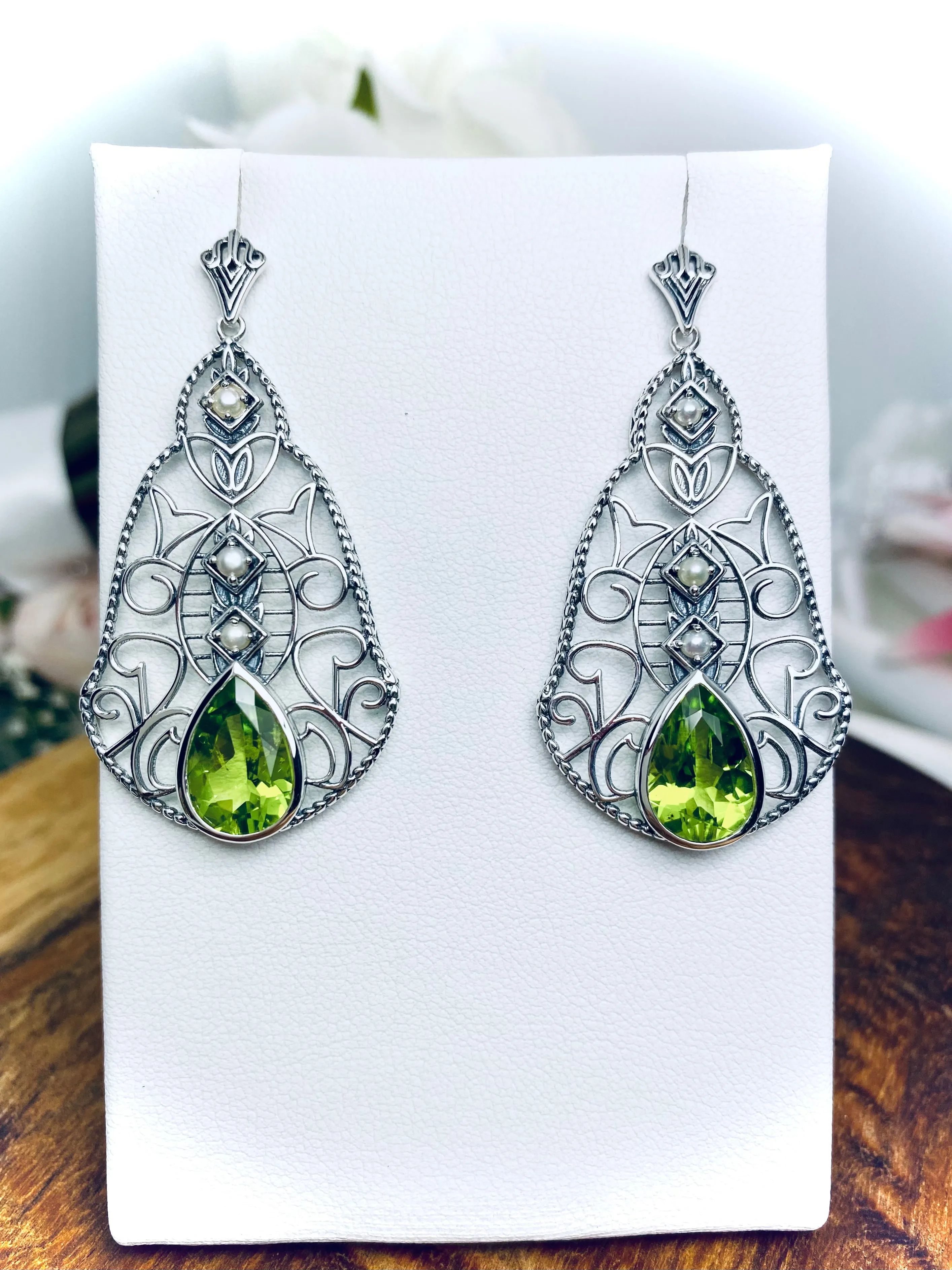 Natural Peridot Earrings, with Pearl accents, Fancy Lavalier Earrings, Victorian Jewelry E22