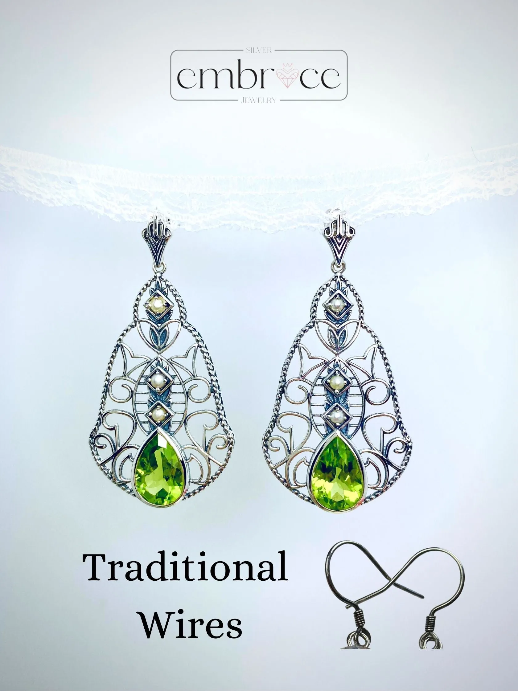 Natural Peridot Earrings, with Pearl accents, Fancy Lavalier Earrings, Victorian Jewelry E22