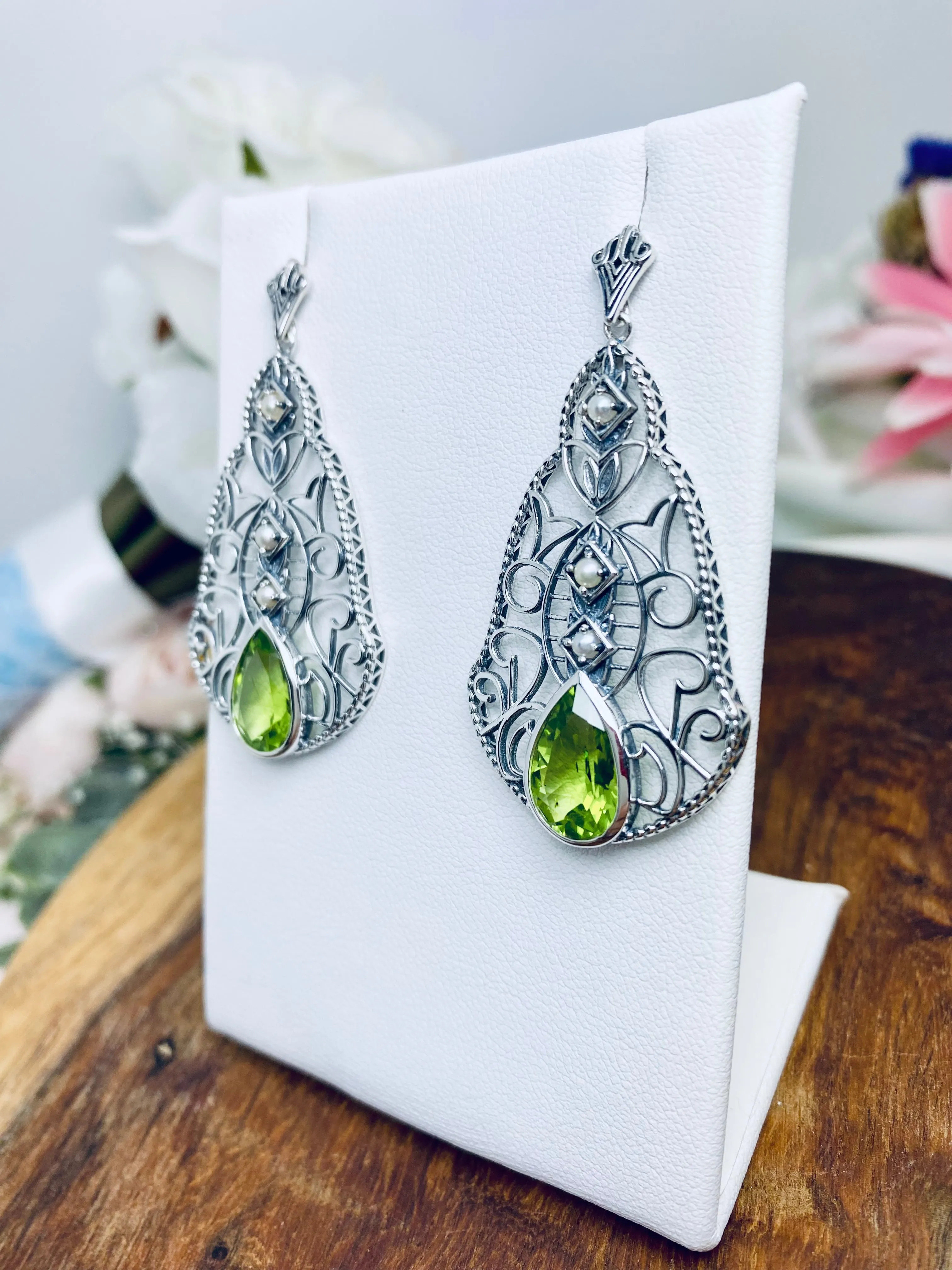 Natural Peridot Earrings, with Pearl accents, Fancy Lavalier Earrings, Victorian Jewelry E22