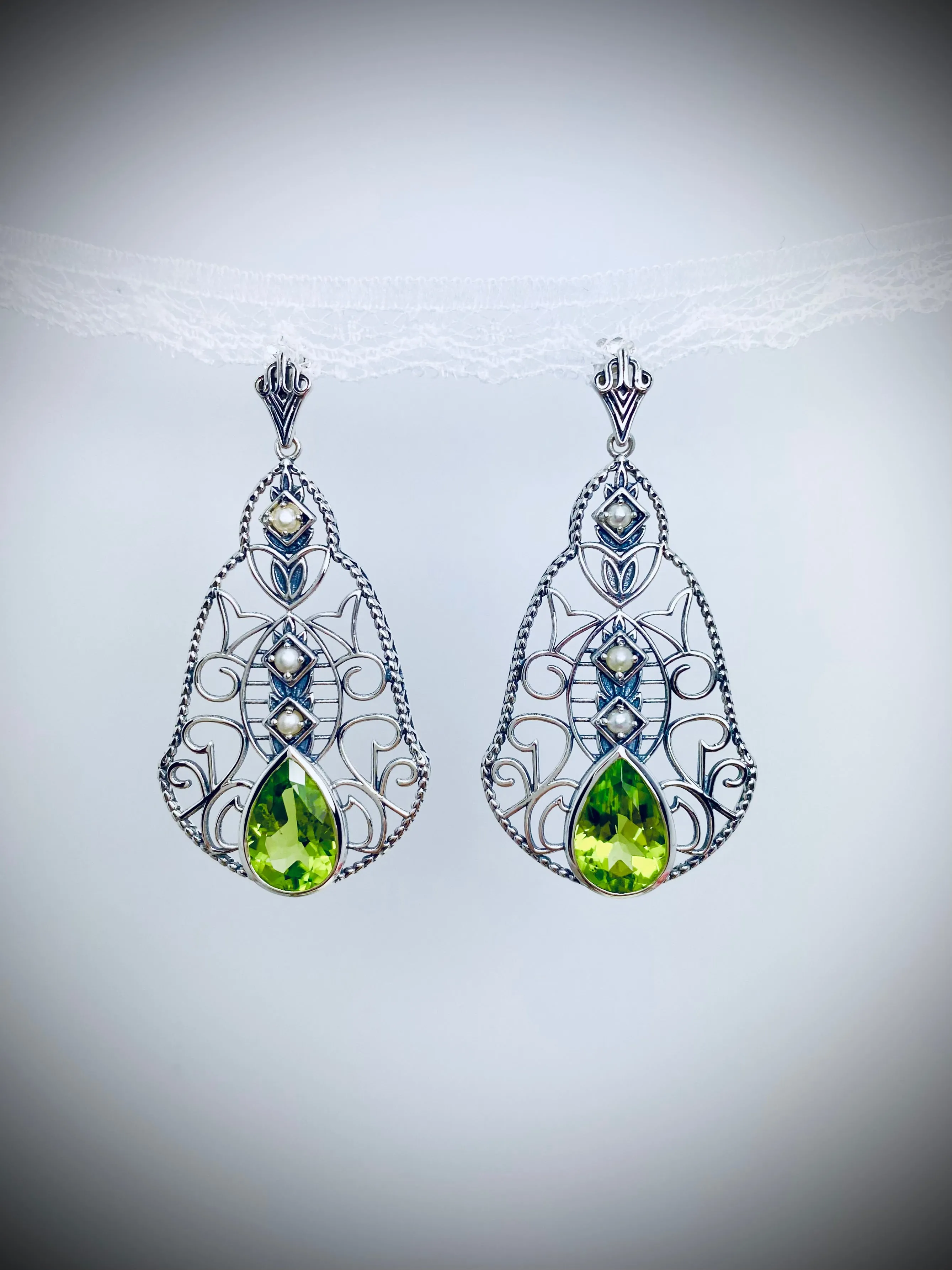 Natural Peridot Earrings, with Pearl accents, Fancy Lavalier Earrings, Victorian Jewelry E22