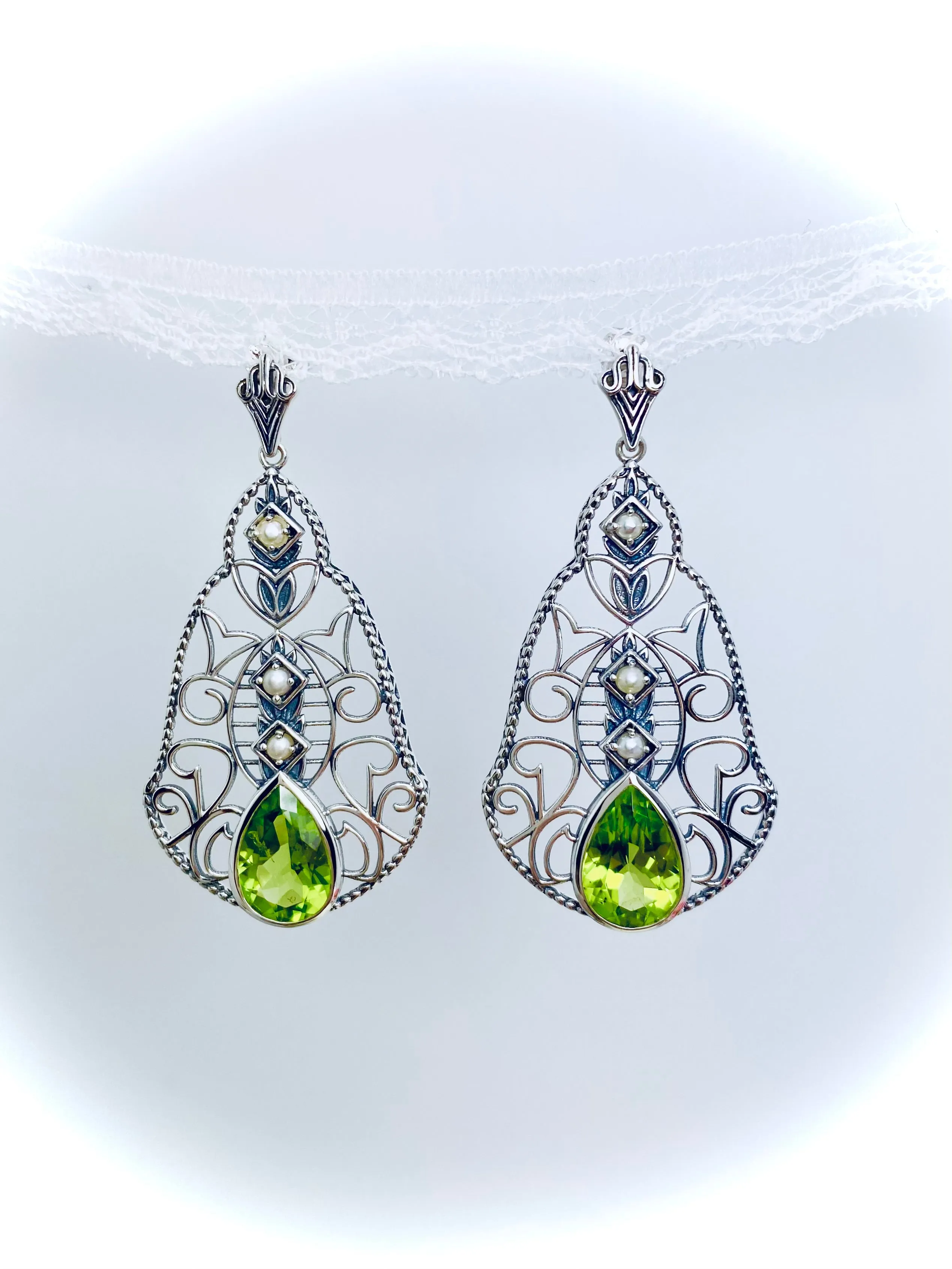 Natural Peridot Earrings, with Pearl accents, Fancy Lavalier Earrings, Victorian Jewelry E22