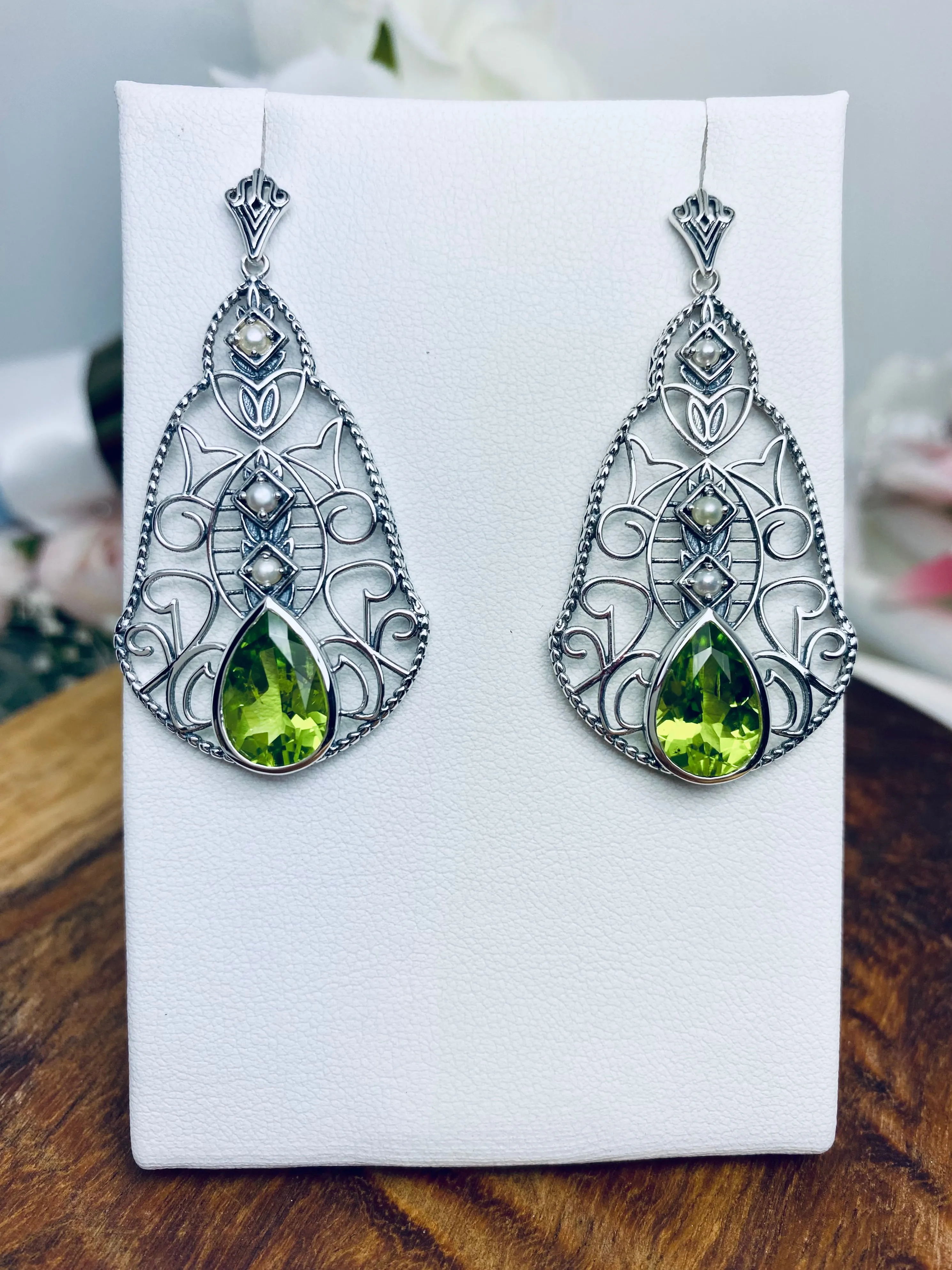 Natural Peridot Earrings, with Pearl accents, Fancy Lavalier Earrings, Victorian Jewelry E22