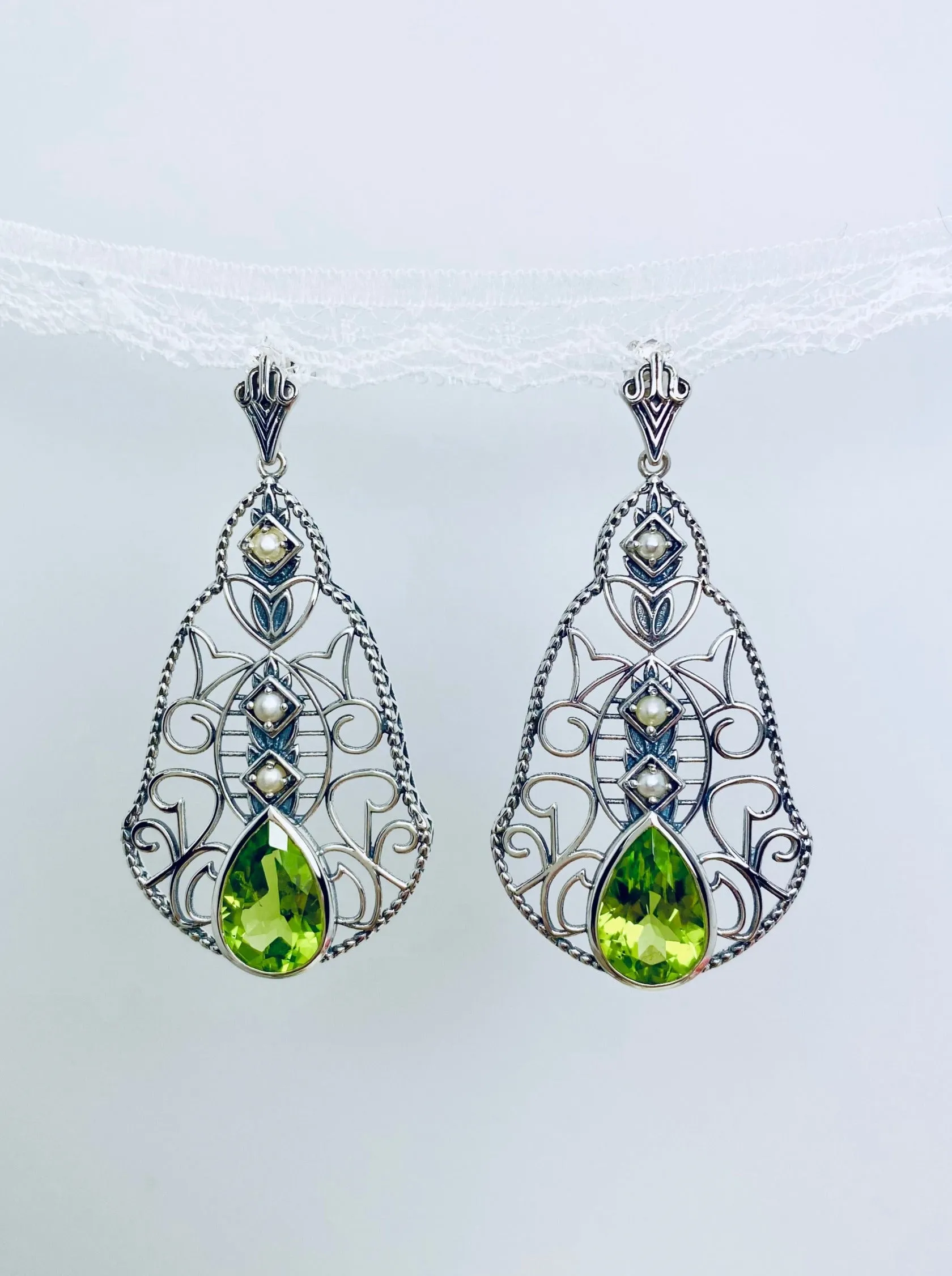 Natural Peridot Earrings, with Pearl accents, Fancy Lavalier Earrings, Victorian Jewelry E22